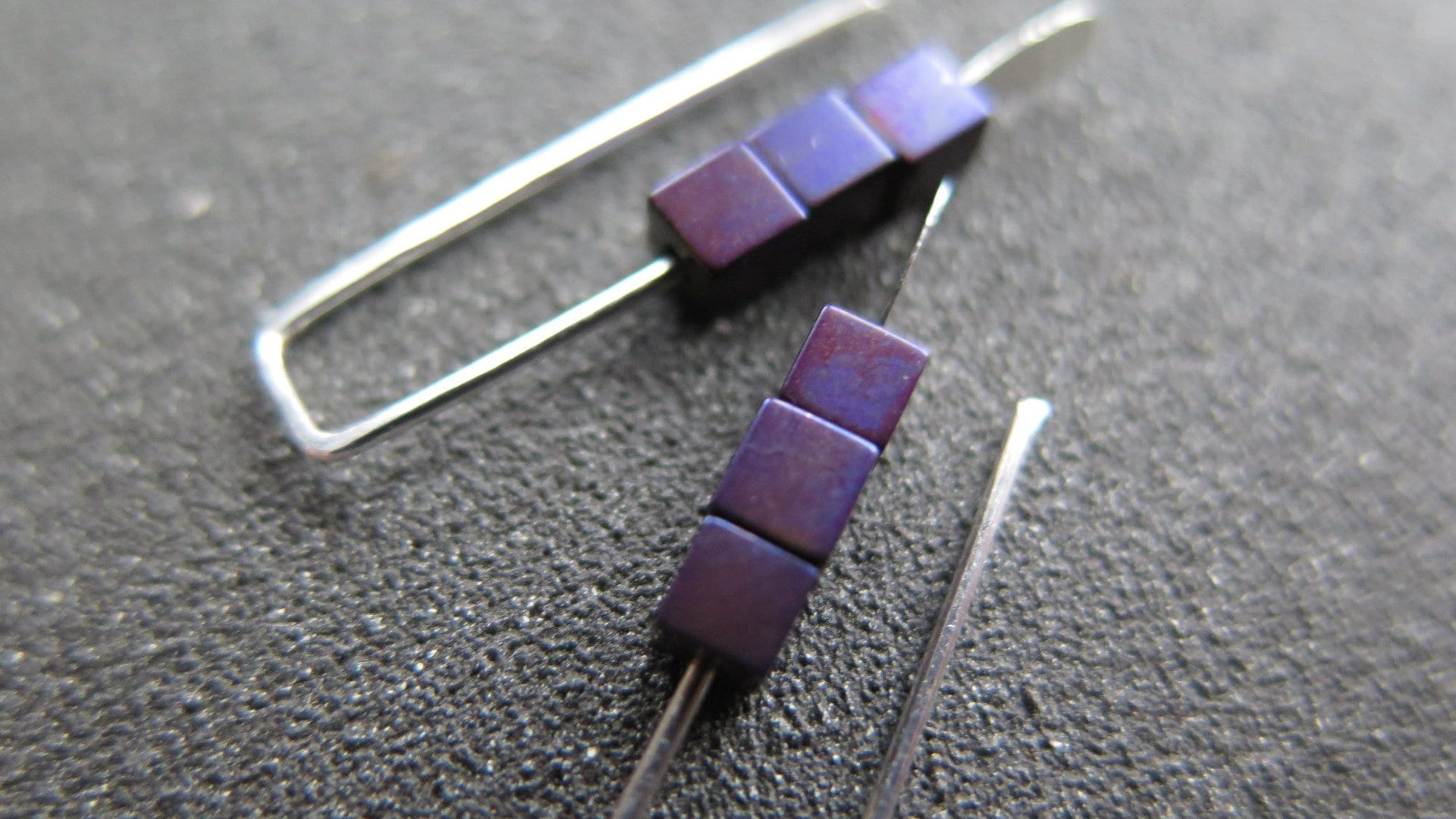 small purple earrings. hematite cube jewelry. Canadian seller. 1 inch earrings.