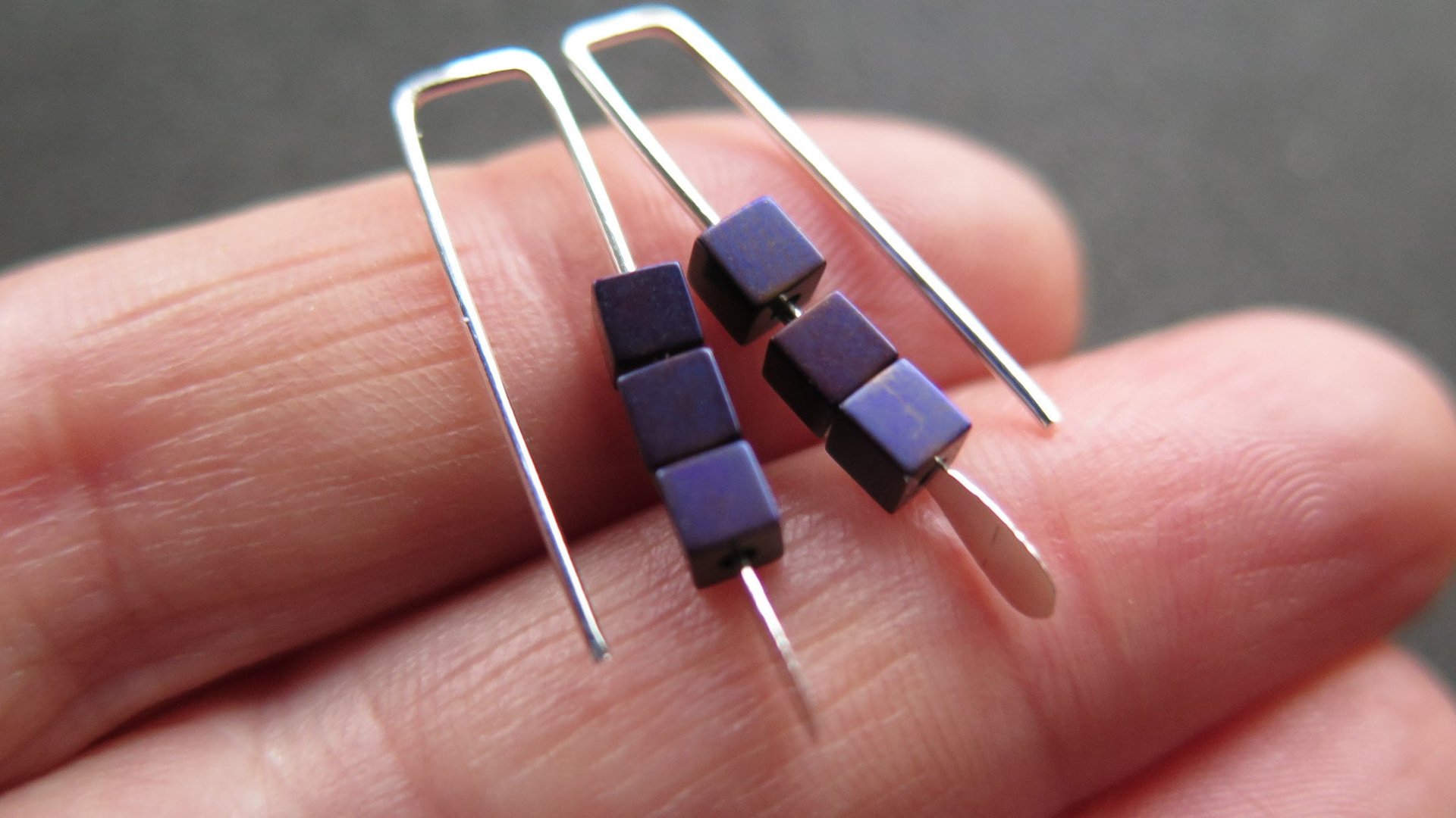 small purple earrings. hematite cube jewelry. Canadian seller. 1 inch earrings.