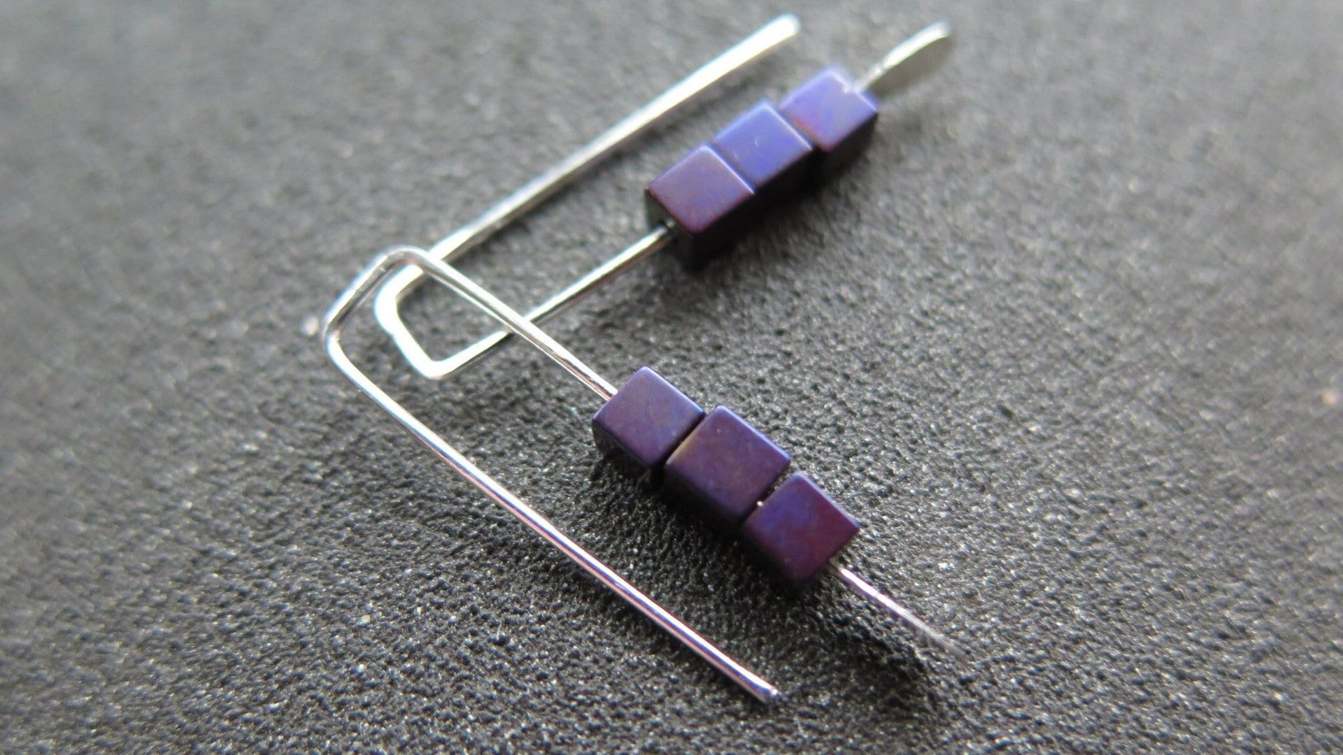 small purple earrings. hematite cube jewelry. Canadian seller. 1 inch earrings.