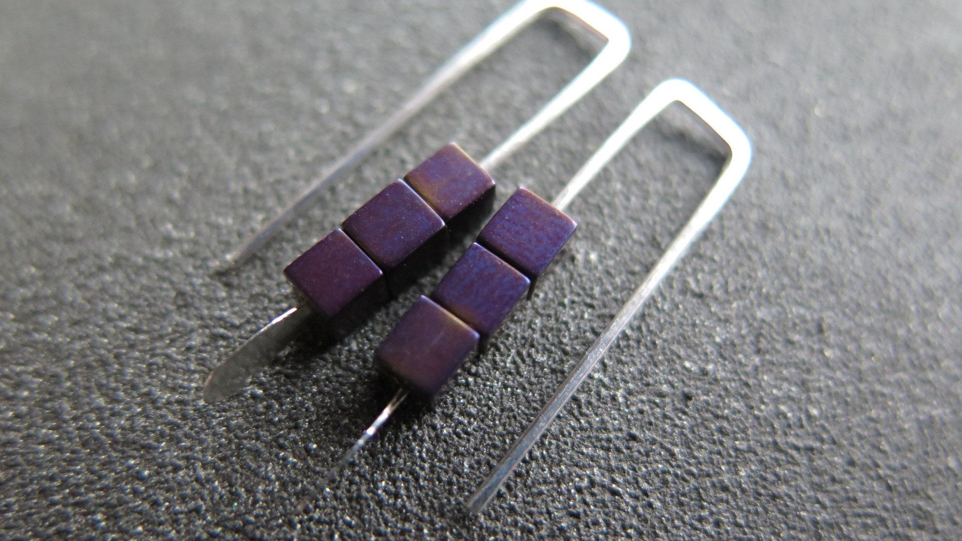 small purple earrings. hematite cube jewelry. Canadian seller. 1 inch earrings.