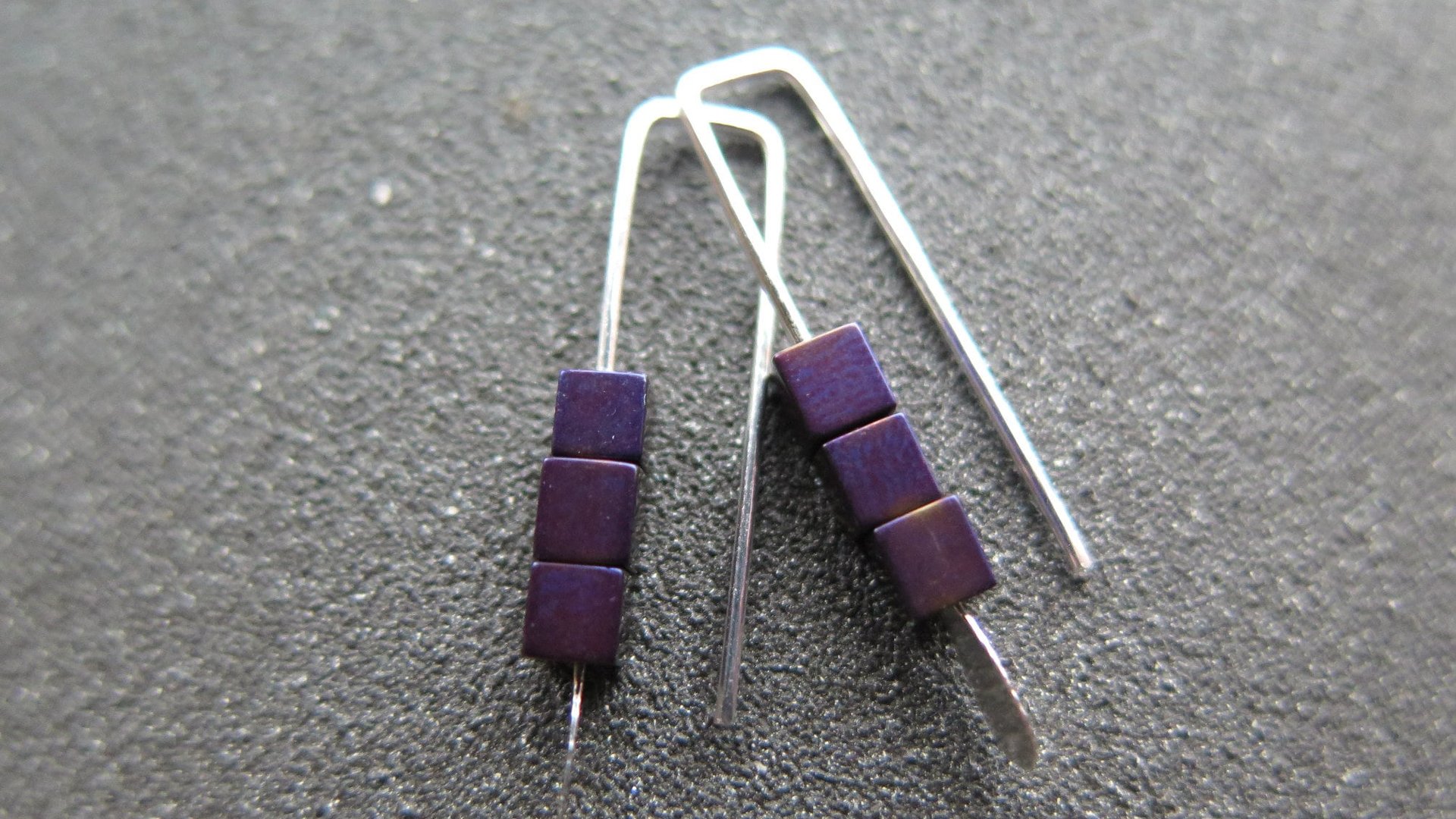 small purple earrings. hematite cube jewelry. Canadian seller. 1 inch earrings.