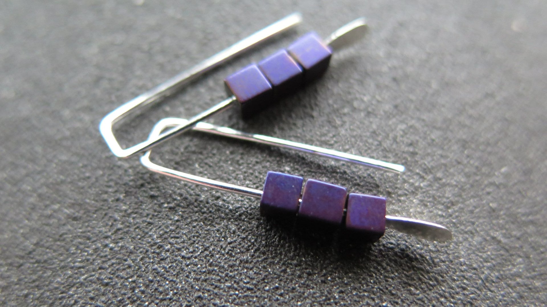 small purple earrings. hematite cube jewelry. Canadian seller. 1 inch earrings.