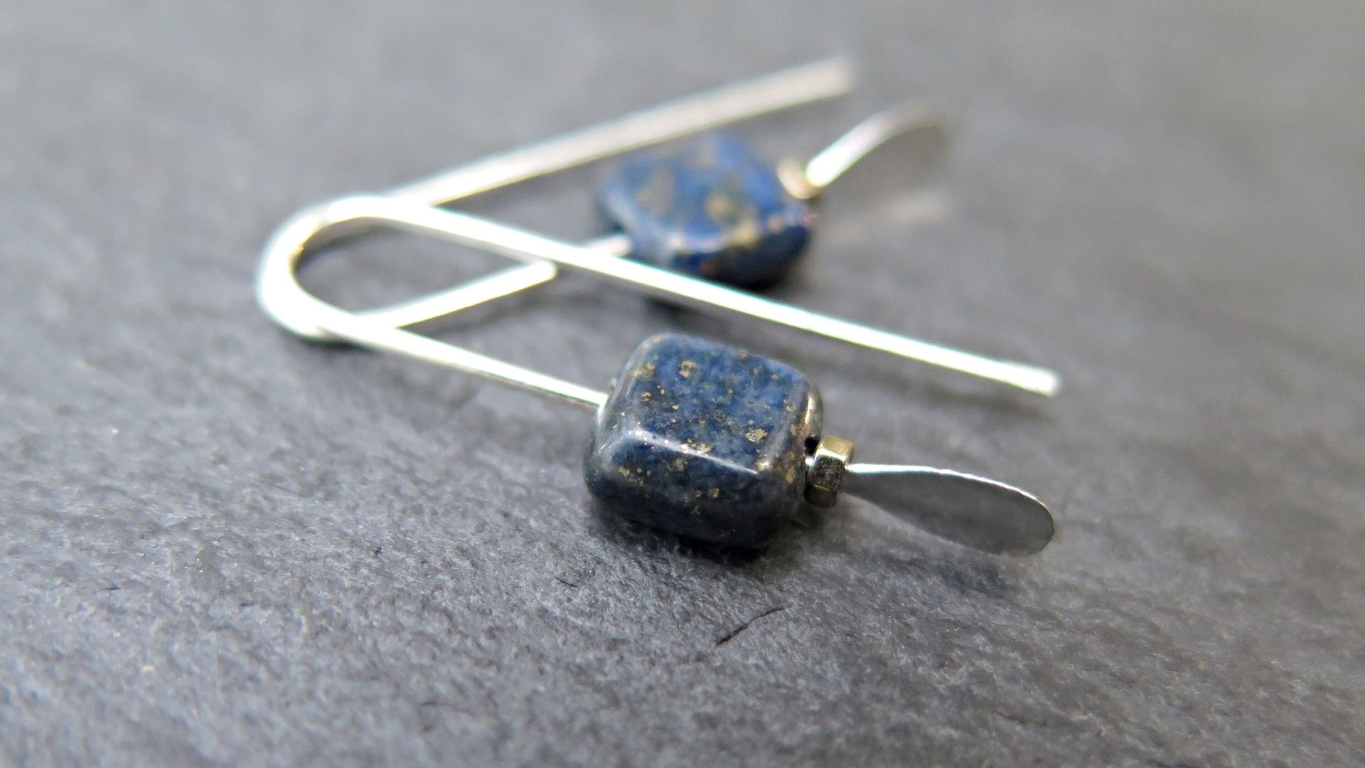 small navy blue sodalite earrings. square stone jewelry. Canadian jewelry.