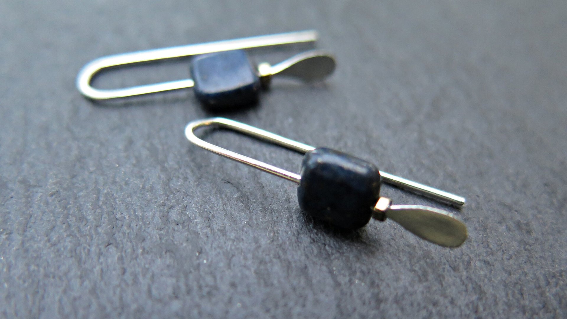small navy blue sodalite earrings. square stone jewelry. Canadian jewelry.