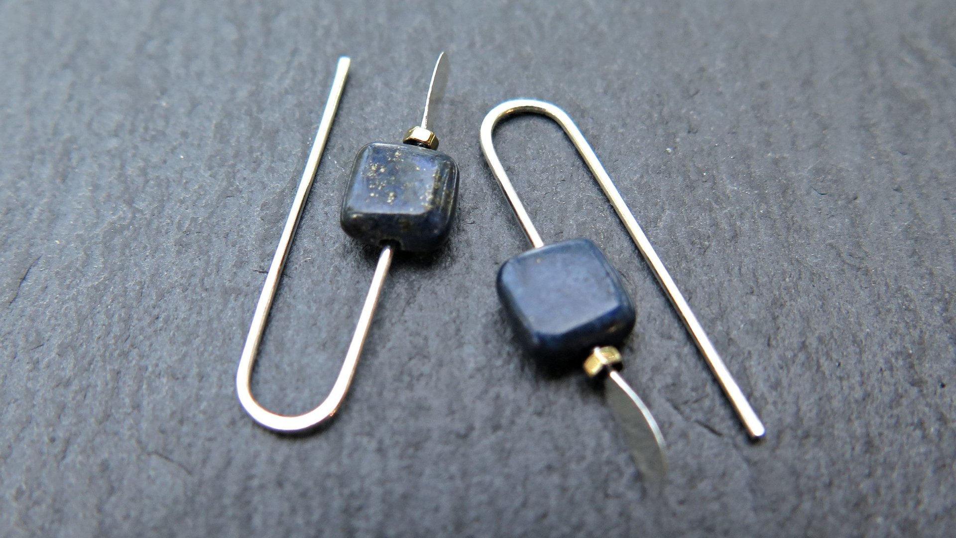 small navy blue sodalite earrings. square stone jewelry. Canadian jewelry.