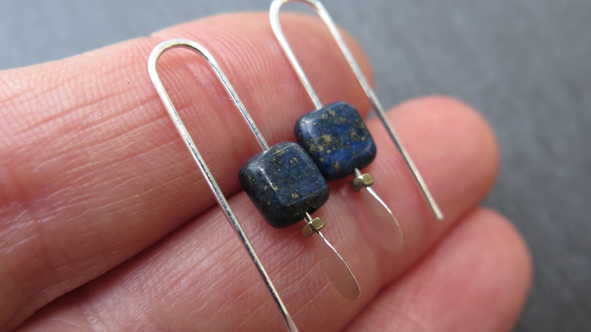 small navy blue sodalite earrings. square stone jewelry. Canadian jewelry.