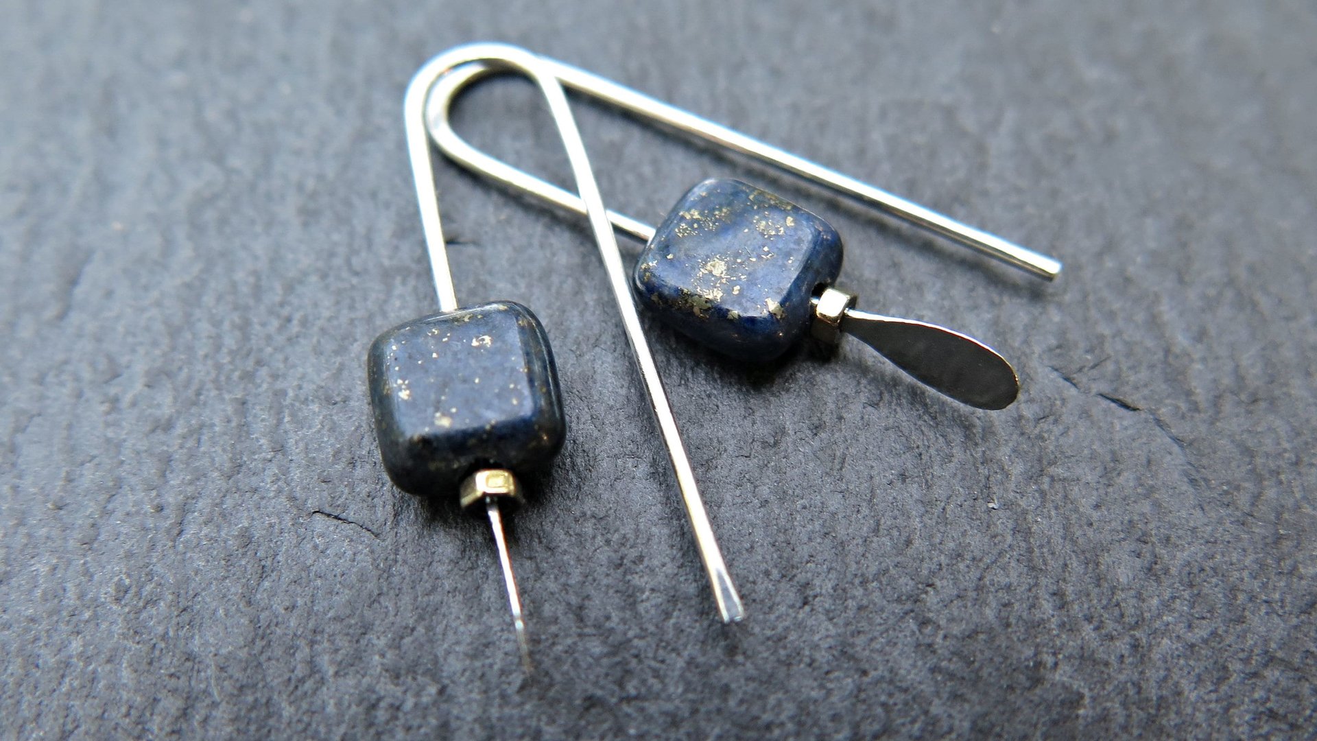small navy blue sodalite earrings. square stone jewelry. Canadian jewelry.