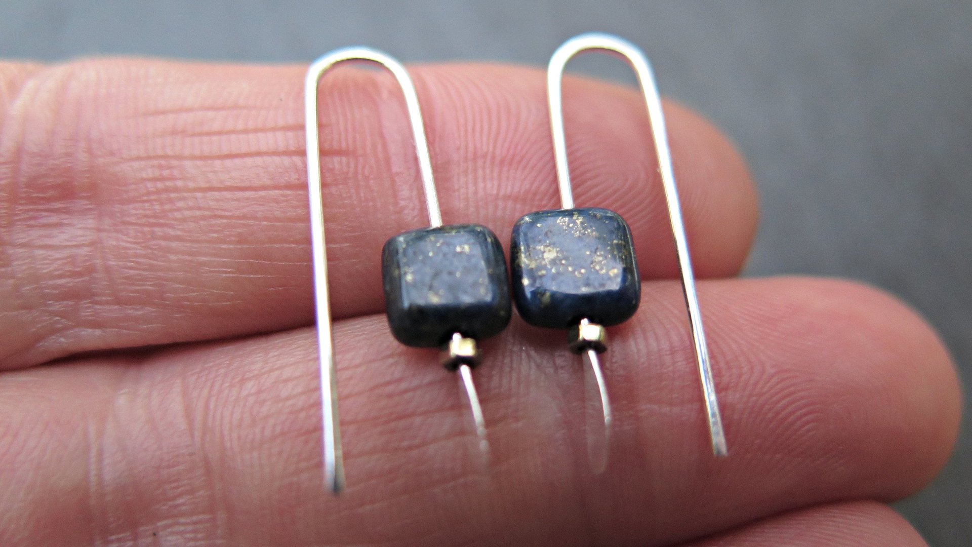 small navy blue sodalite earrings. square stone jewelry. Canadian jewelry.