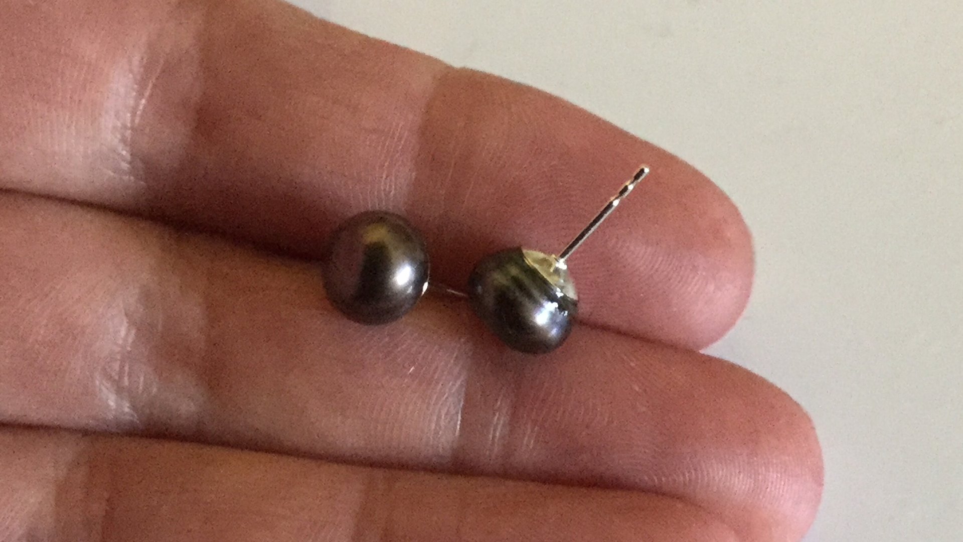 peacock black pearl earrings. pearl studs. 6.5mm to 7mm pearls on sterling silver posts.
