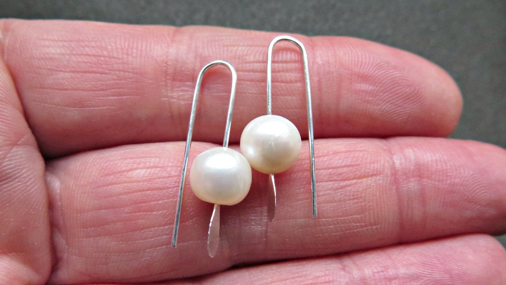 small white pearl drop earrings. freshwater pearl silver jewelry. simple pearl jewellery. 7mm pearls. made in Canada