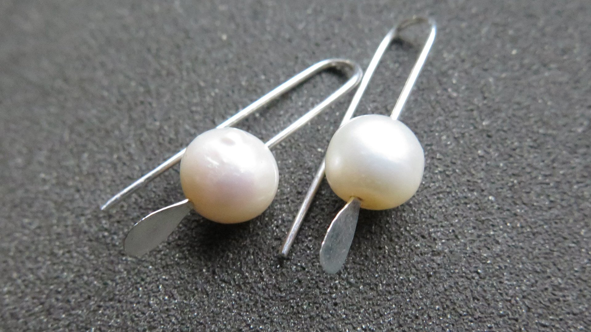 small white pearl drop earrings. freshwater pearl silver jewelry. simple pearl jewellery. 7mm pearls. made in Canada