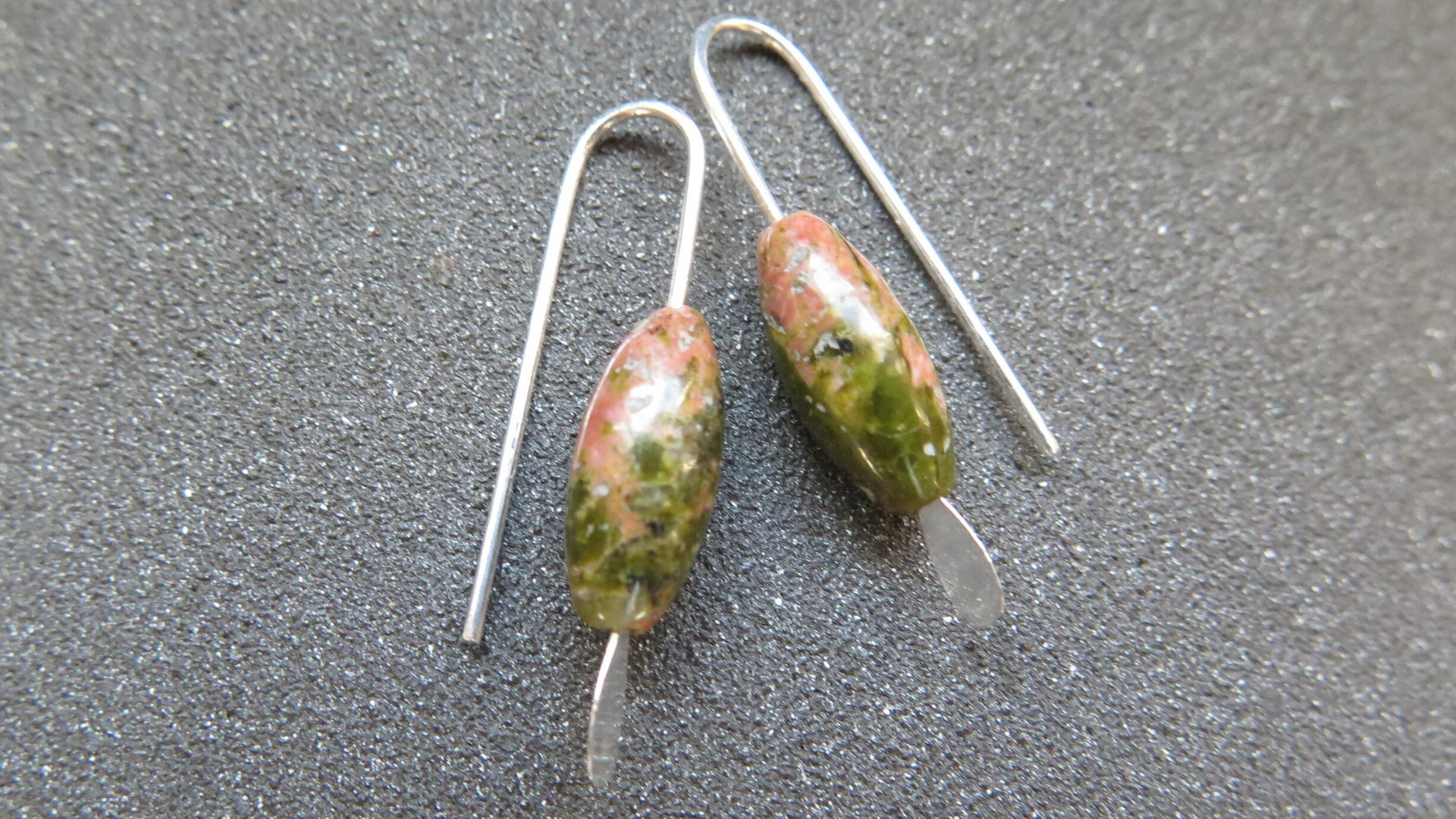 small green stone earrings. unakite jewelry. pink jewellery. Canadian seller.