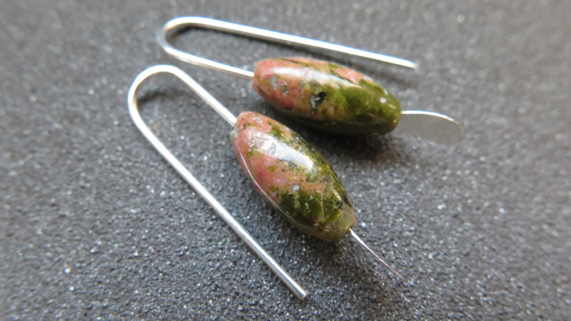 small green stone earrings. unakite jewelry. pink jewellery. Canadian seller.