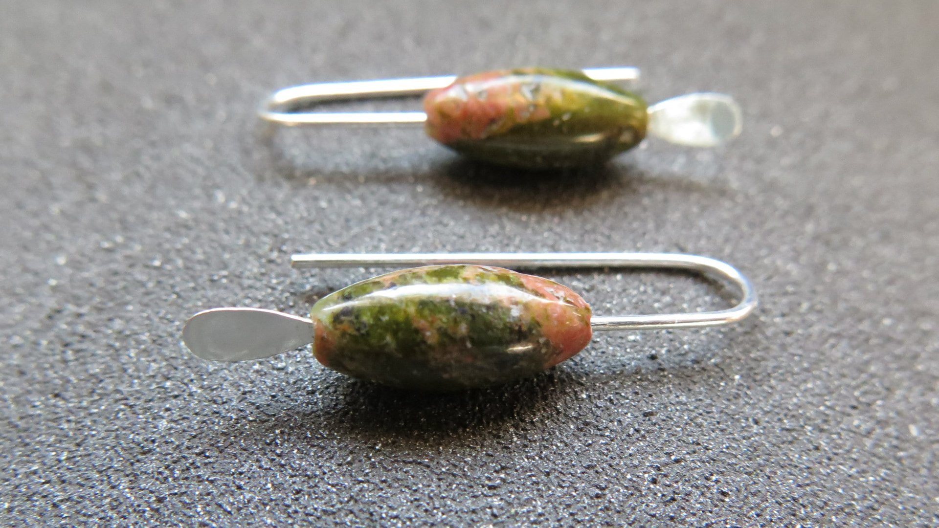 small green stone earrings. unakite jewelry. pink jewellery. Canadian seller.