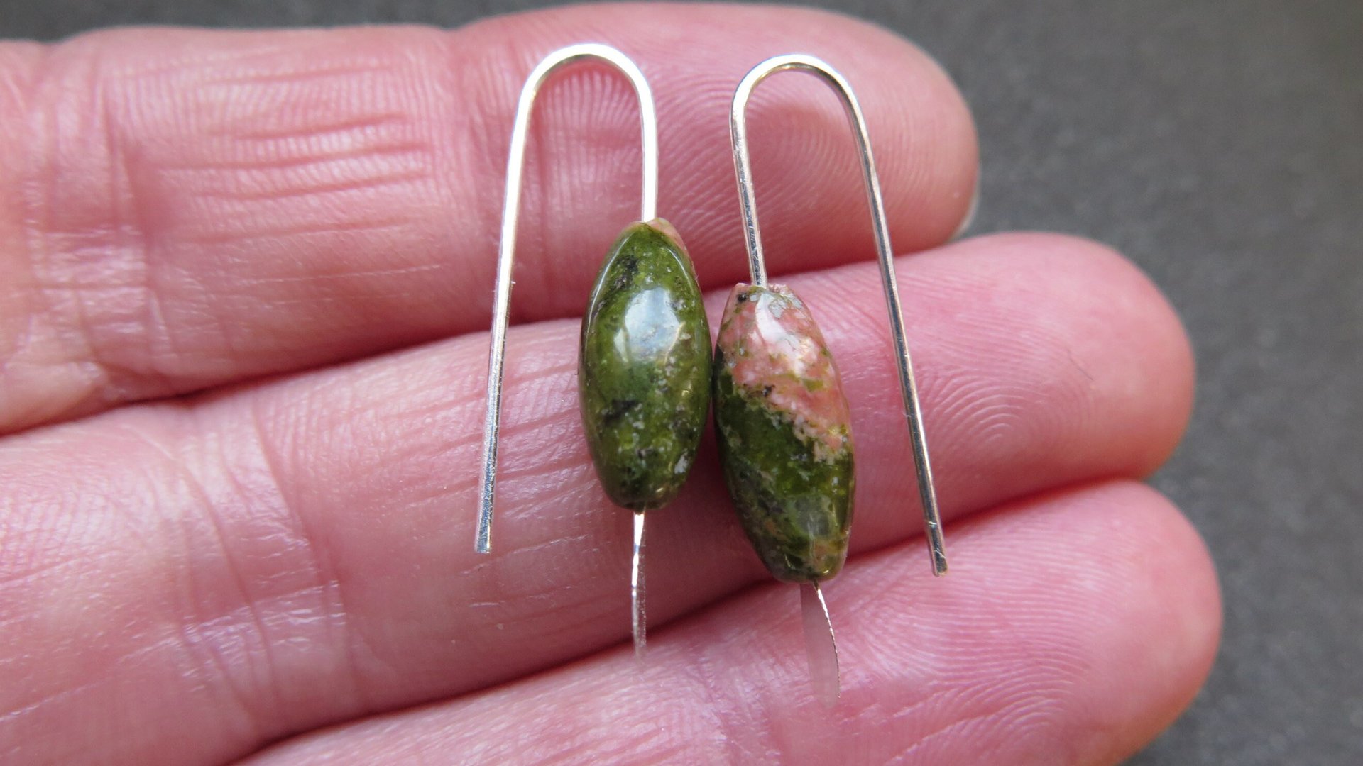small green stone earrings. unakite jewelry. pink jewellery. Canadian seller.