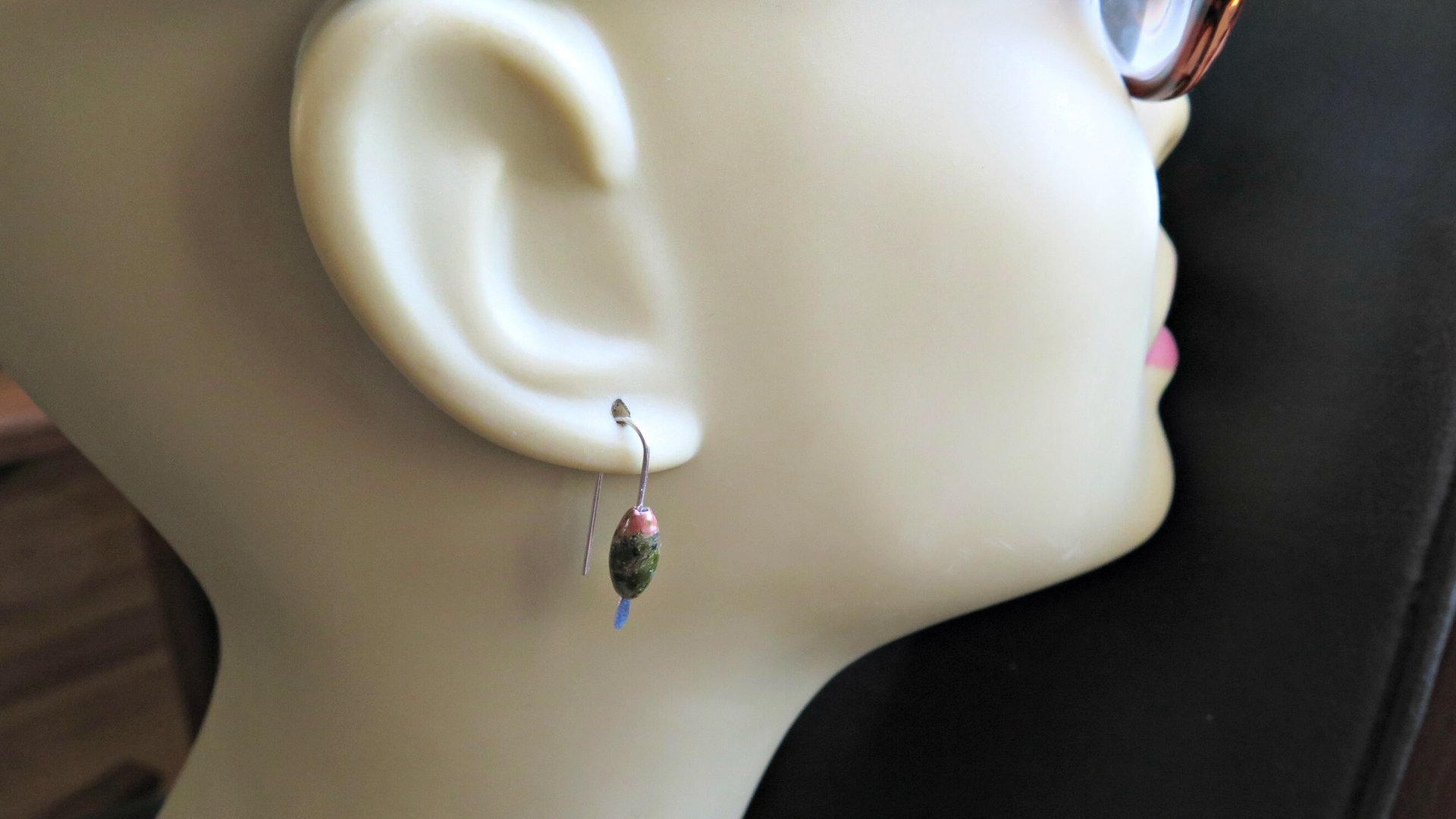 small green stone earrings. unakite jewelry. pink jewellery. Canadian seller.