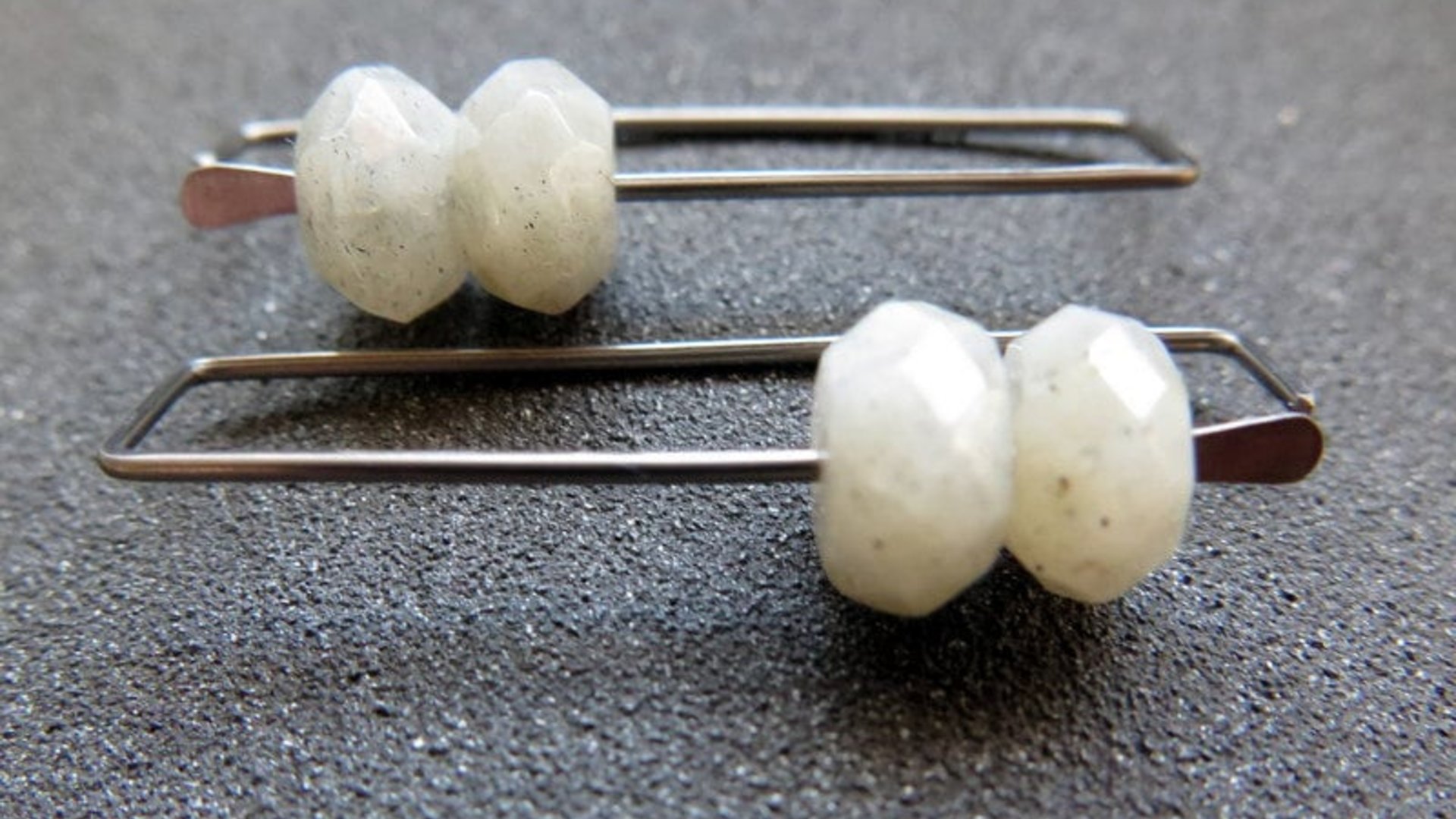 geometric labradorite earrings. rectangle hoops. dark silver hoops in niobium. sensitive ears. nickel free hoop earrings.