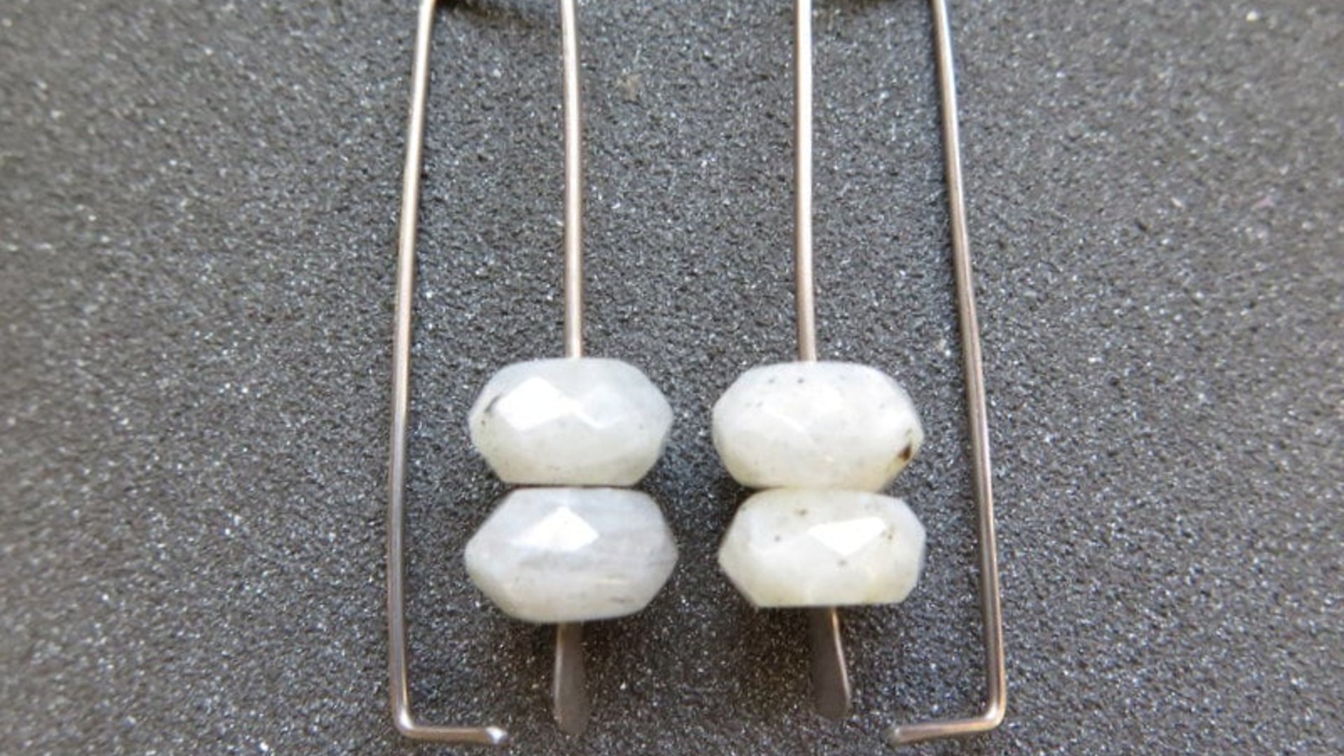 geometric labradorite earrings. rectangle hoops. dark silver hoops in niobium. sensitive ears. nickel free hoop earrings.