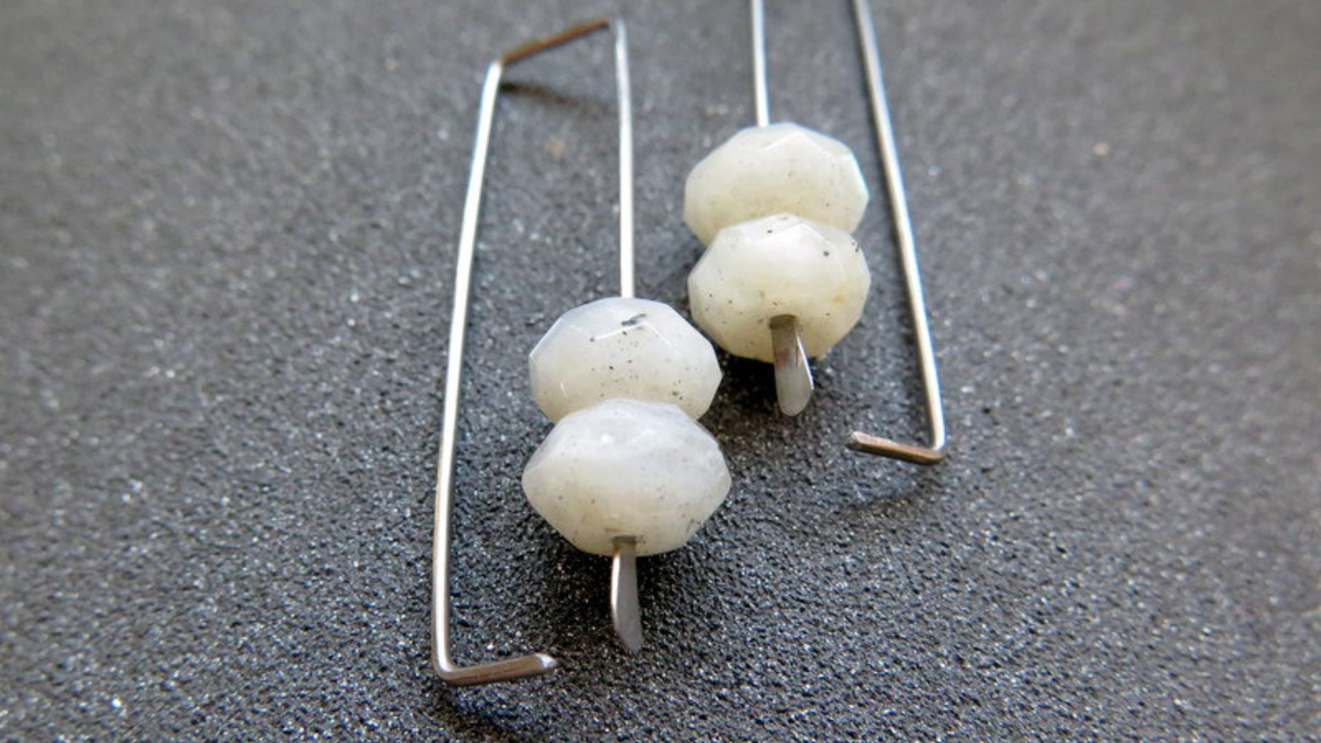 geometric labradorite earrings. rectangle hoops. dark silver hoops in niobium. sensitive ears. nickel free hoop earrings.