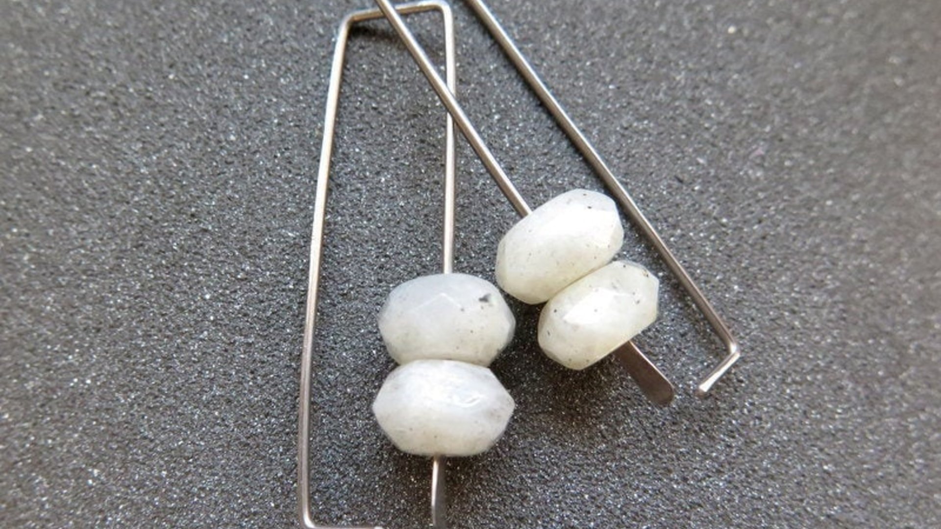 geometric labradorite earrings. rectangle hoops. dark silver hoops in niobium. sensitive ears. nickel free hoop earrings.