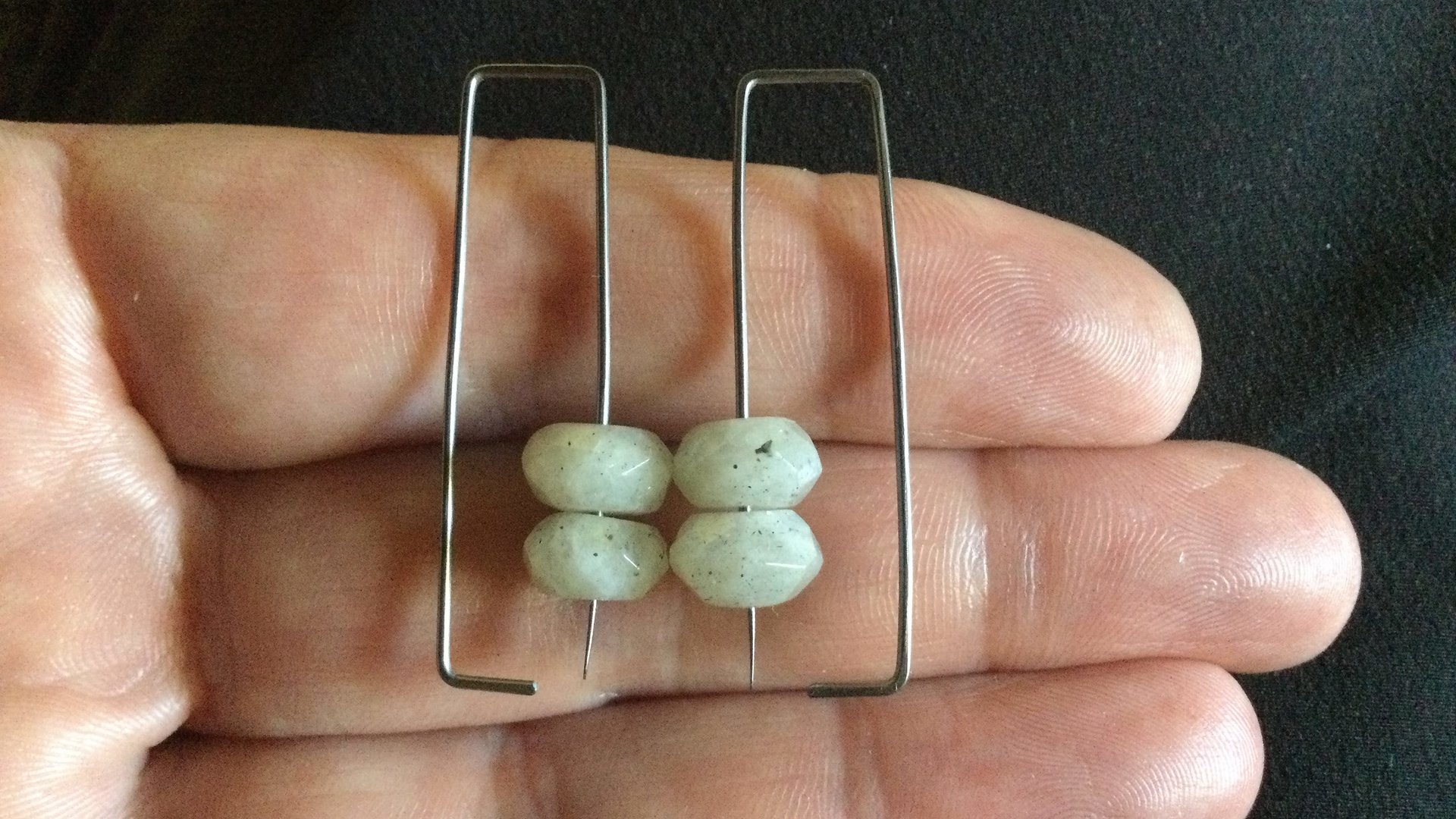 geometric labradorite earrings. rectangle hoops. dark silver hoops in niobium. sensitive ears. nickel free hoop earrings.