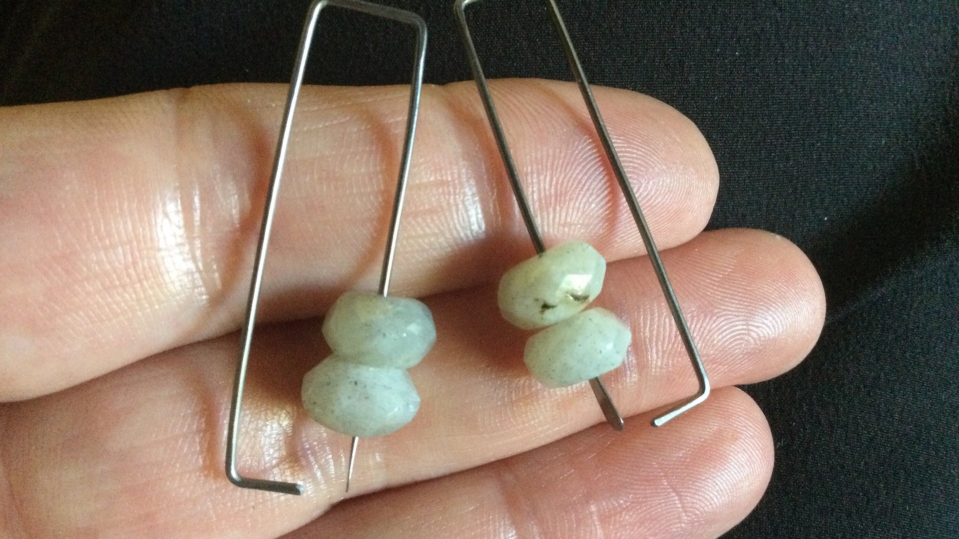 geometric labradorite earrings. rectangle hoops. dark silver hoops in niobium. sensitive ears. nickel free hoop earrings.