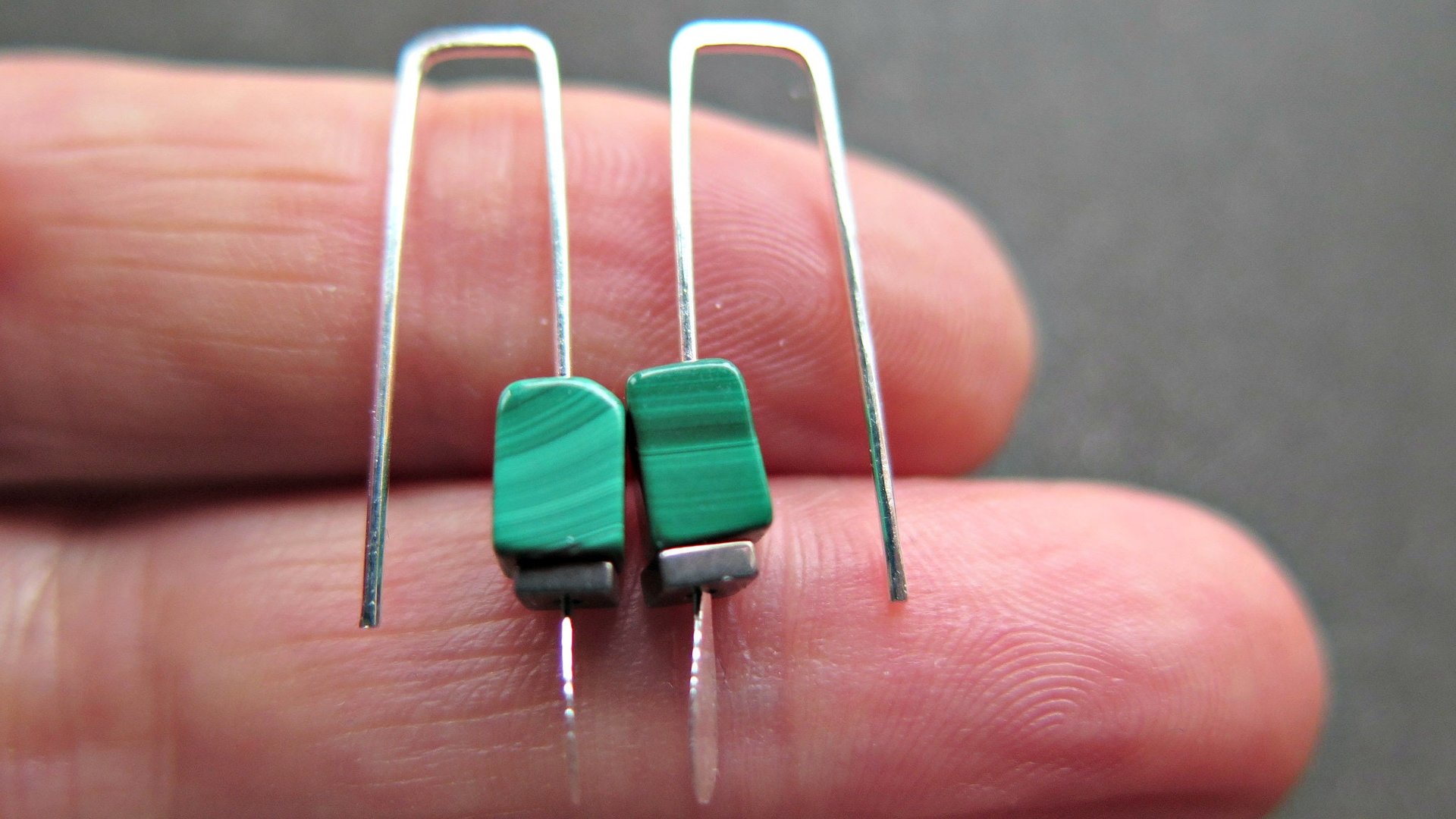 small emerald green earrings. natural malachite jewelry with silver hematite stones. rectangle earrings. made in Calgary