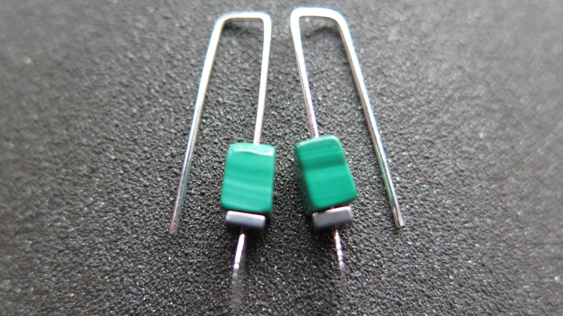 small emerald green earrings. natural malachite jewelry with silver hematite stones. rectangle earrings. made in Calgary