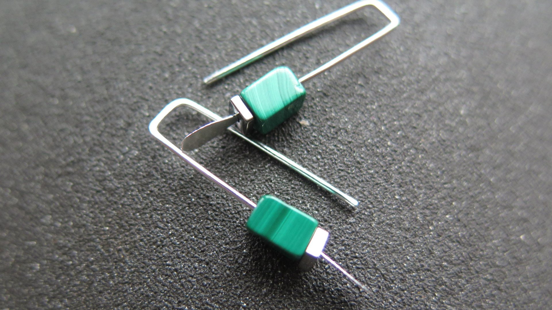 small emerald green earrings. natural malachite jewelry with silver hematite stones. rectangle earrings. made in Calgary