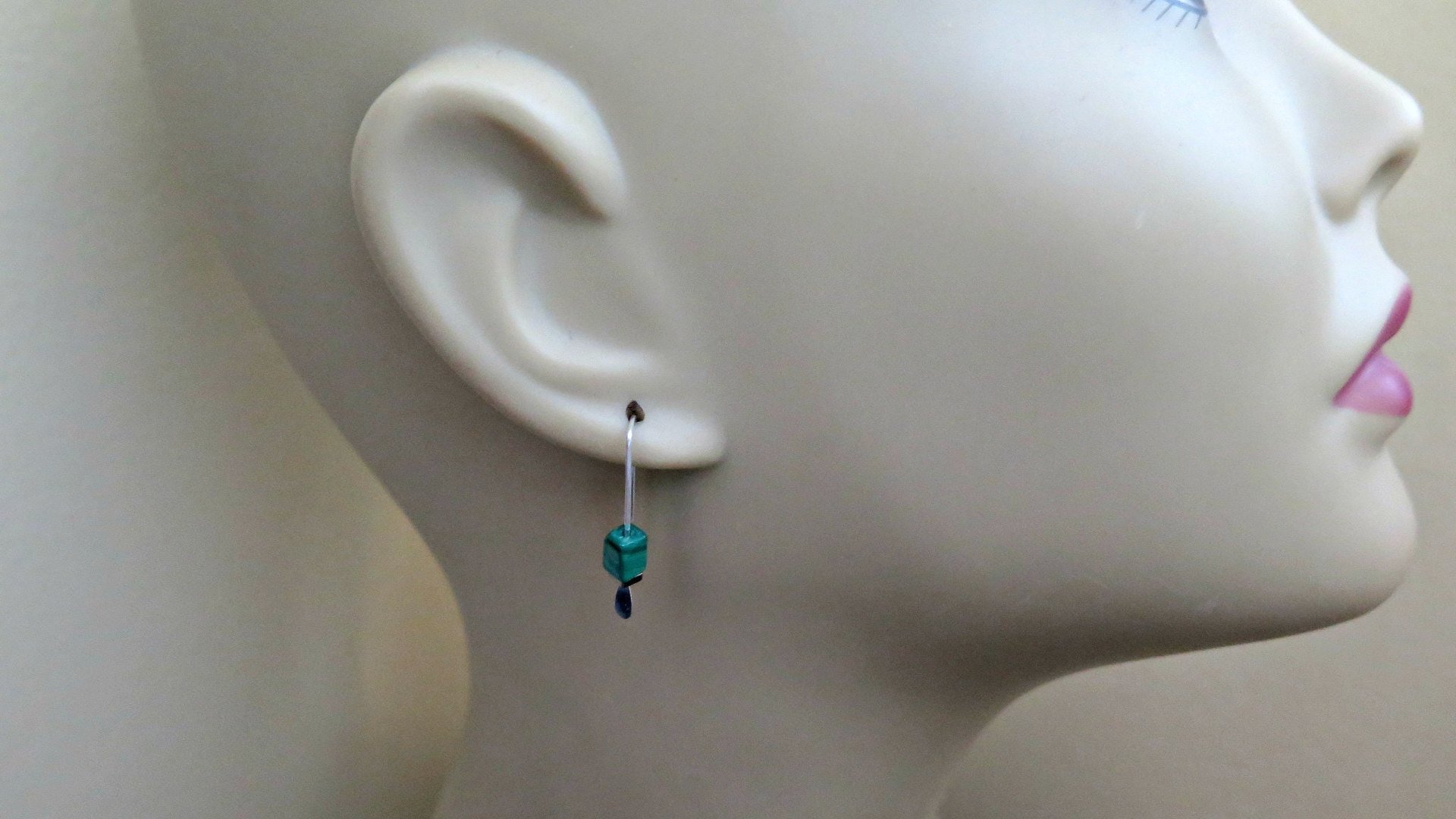 small emerald green earrings. natural malachite jewelry with silver hematite stones. rectangle earrings. made in Calgary