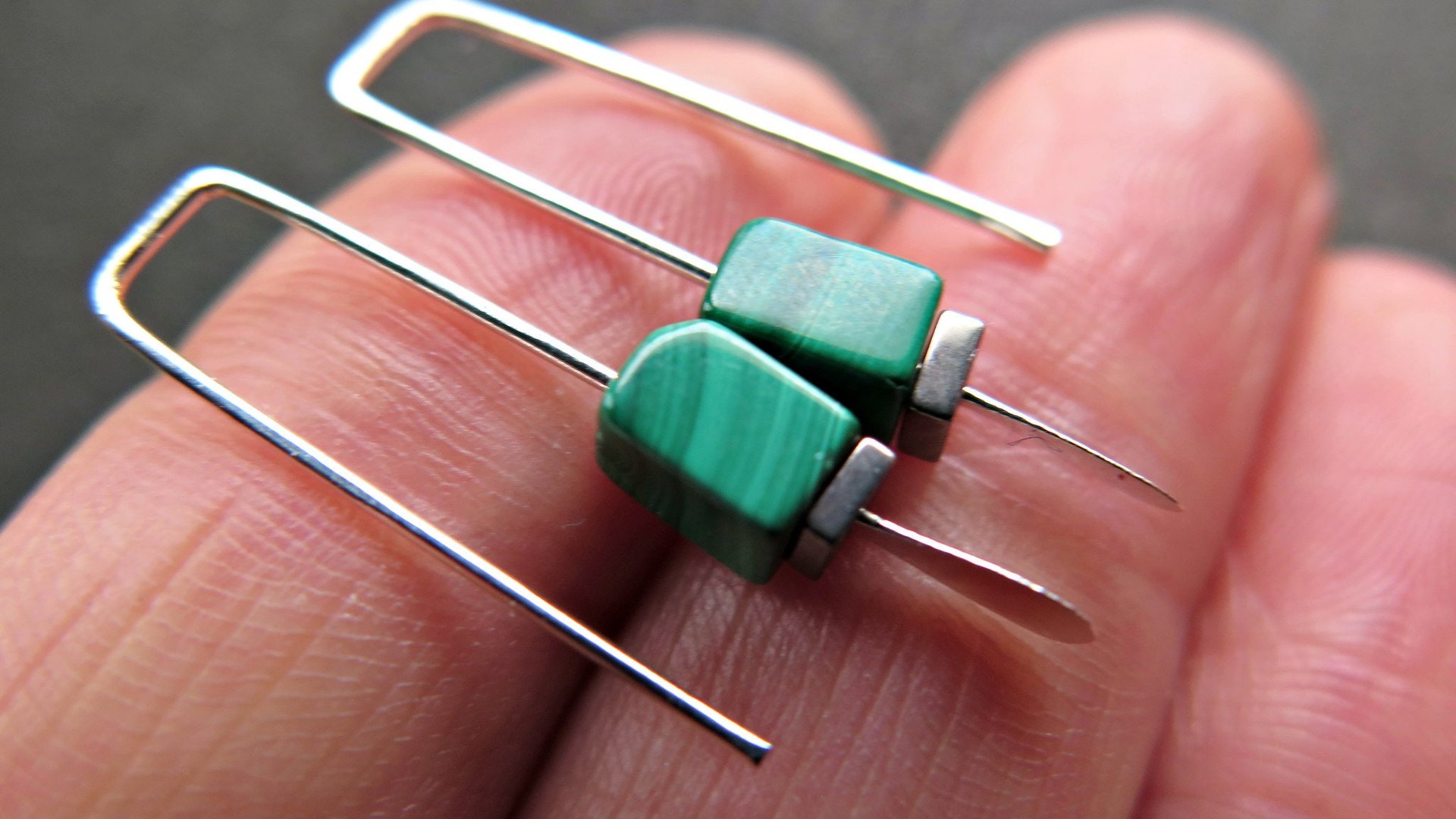 small emerald green earrings. natural malachite jewelry with silver hematite stones. rectangle earrings. made in Calgary