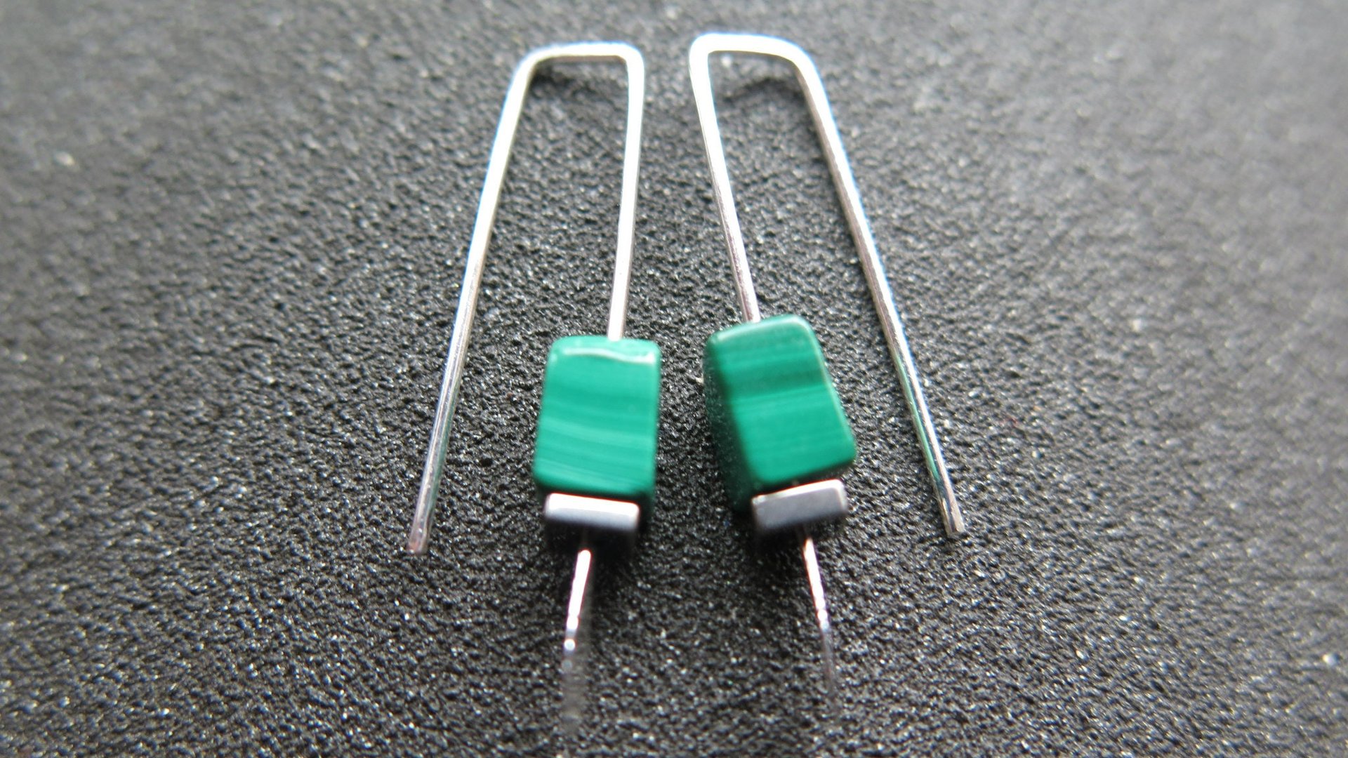 small emerald green earrings. natural malachite jewelry with silver hematite stones. rectangle earrings. made in Calgary