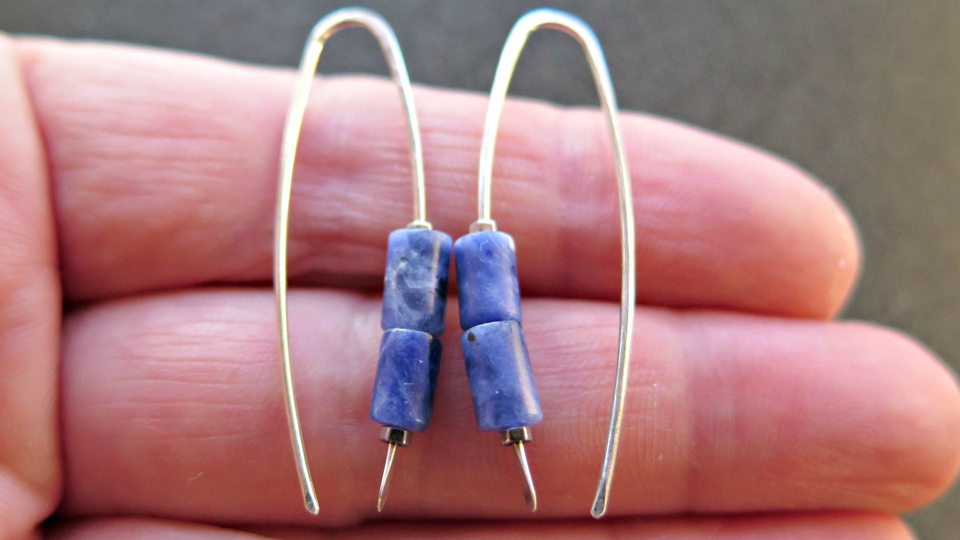 blue sodalite earrings. sterling silver threader earrings. present for sister. made in Canada.