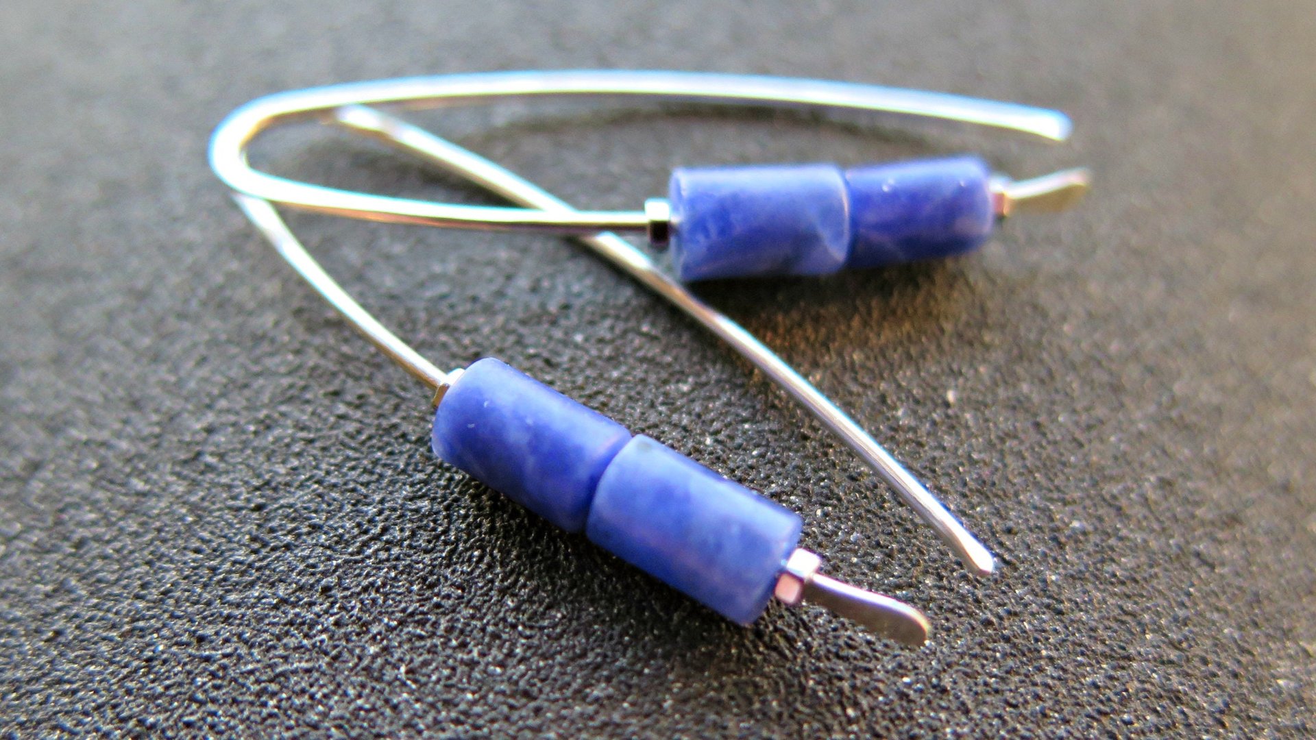 blue sodalite earrings. sterling silver threader earrings. present for sister. made in Canada.