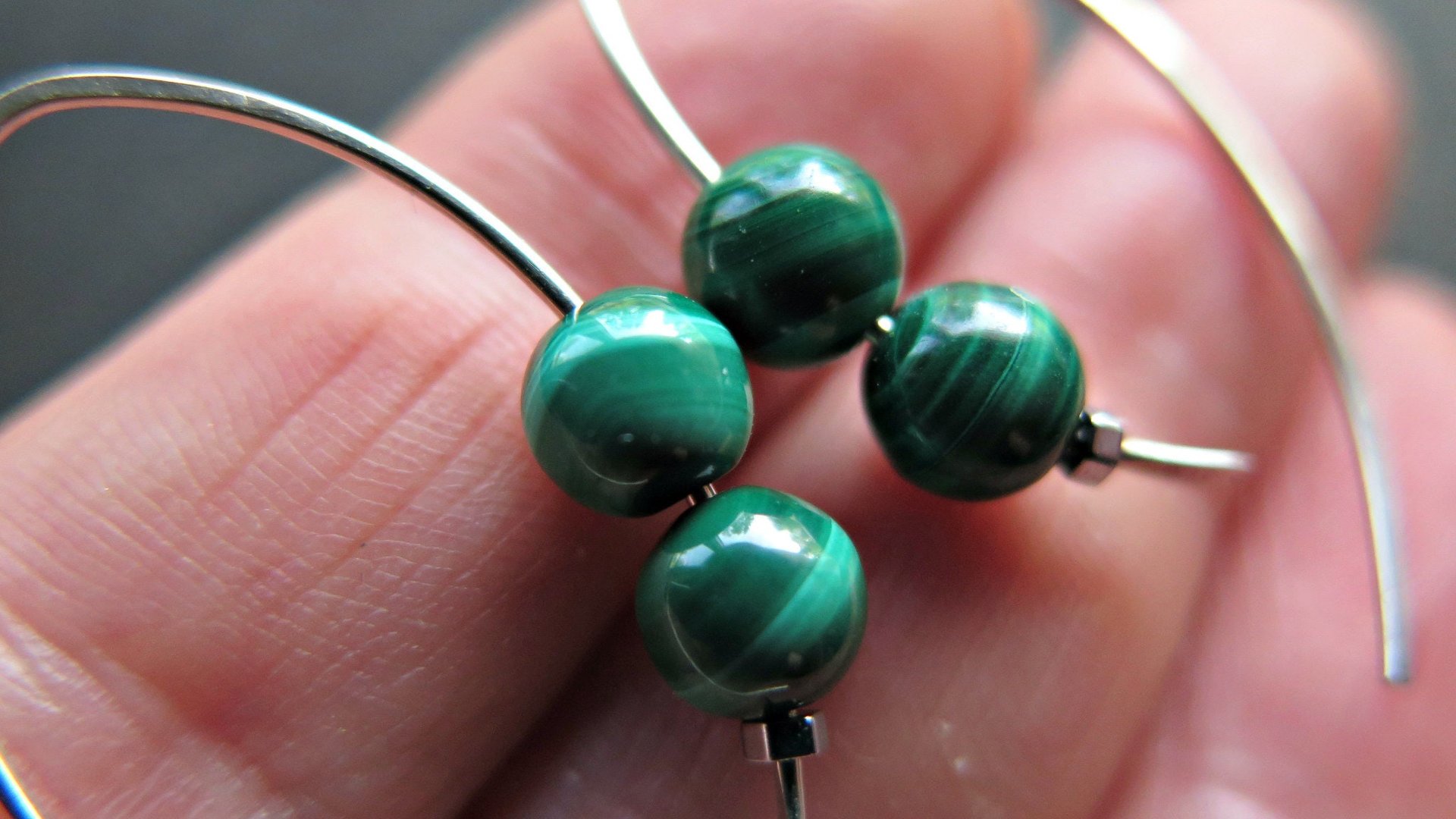 emerald green malachite earrings. modern stone jewelry. sterling silver threader hoops.