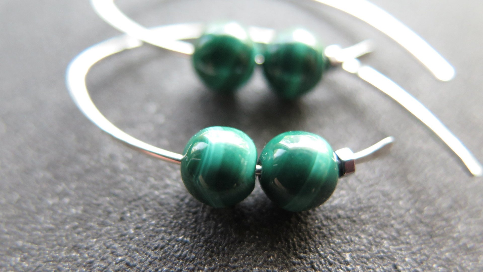 emerald green malachite earrings. modern stone jewelry. sterling silver threader hoops.