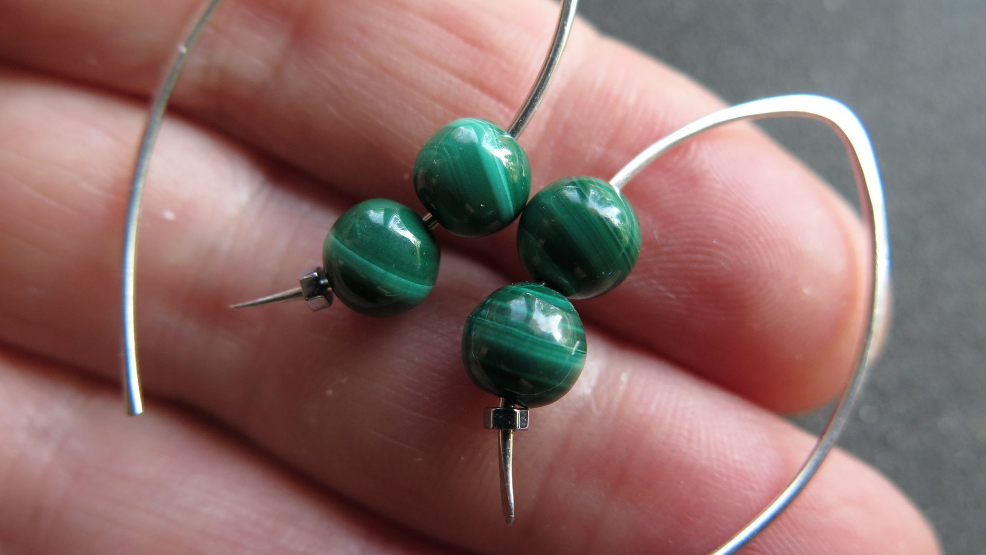 emerald green malachite earrings. modern stone jewelry. sterling silver threader hoops.