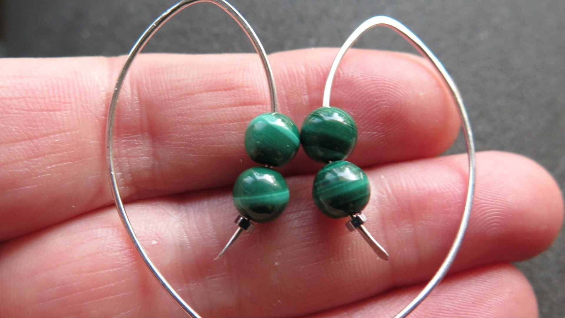 emerald green malachite earrings. modern stone jewelry. sterling silver threader hoops.
