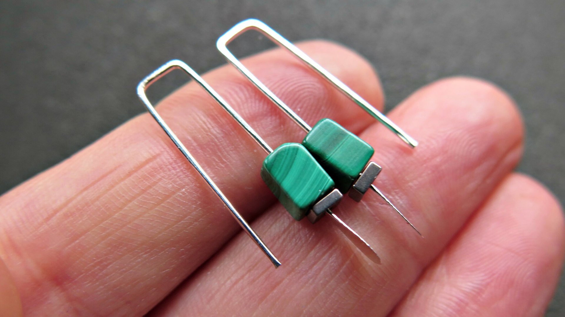 small emerald green earrings. natural malachite jewelry with silver hematite stones. rectangle earrings. made in Calgary