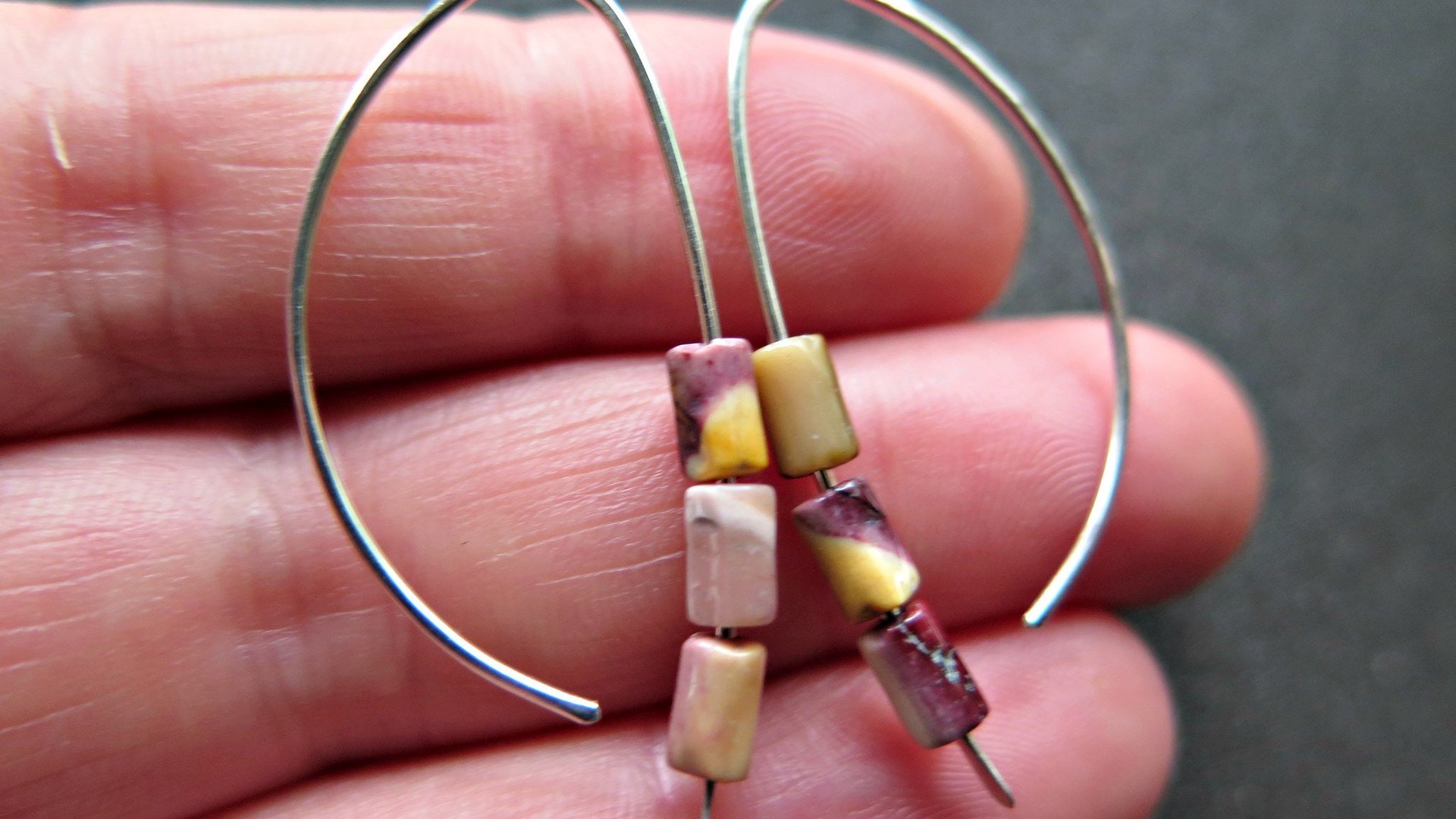 yellow and red earrings. natural mookaite jasper jewelry. modern stone earrings with sterling silver hooks.