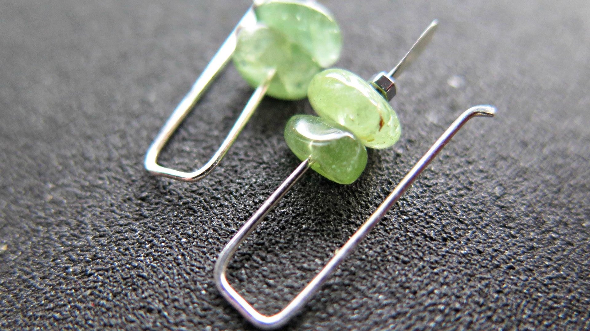 small peridot earrings. silver and green gemstone earrings. August birthstone. artisan jewelry. peridot nuggets.