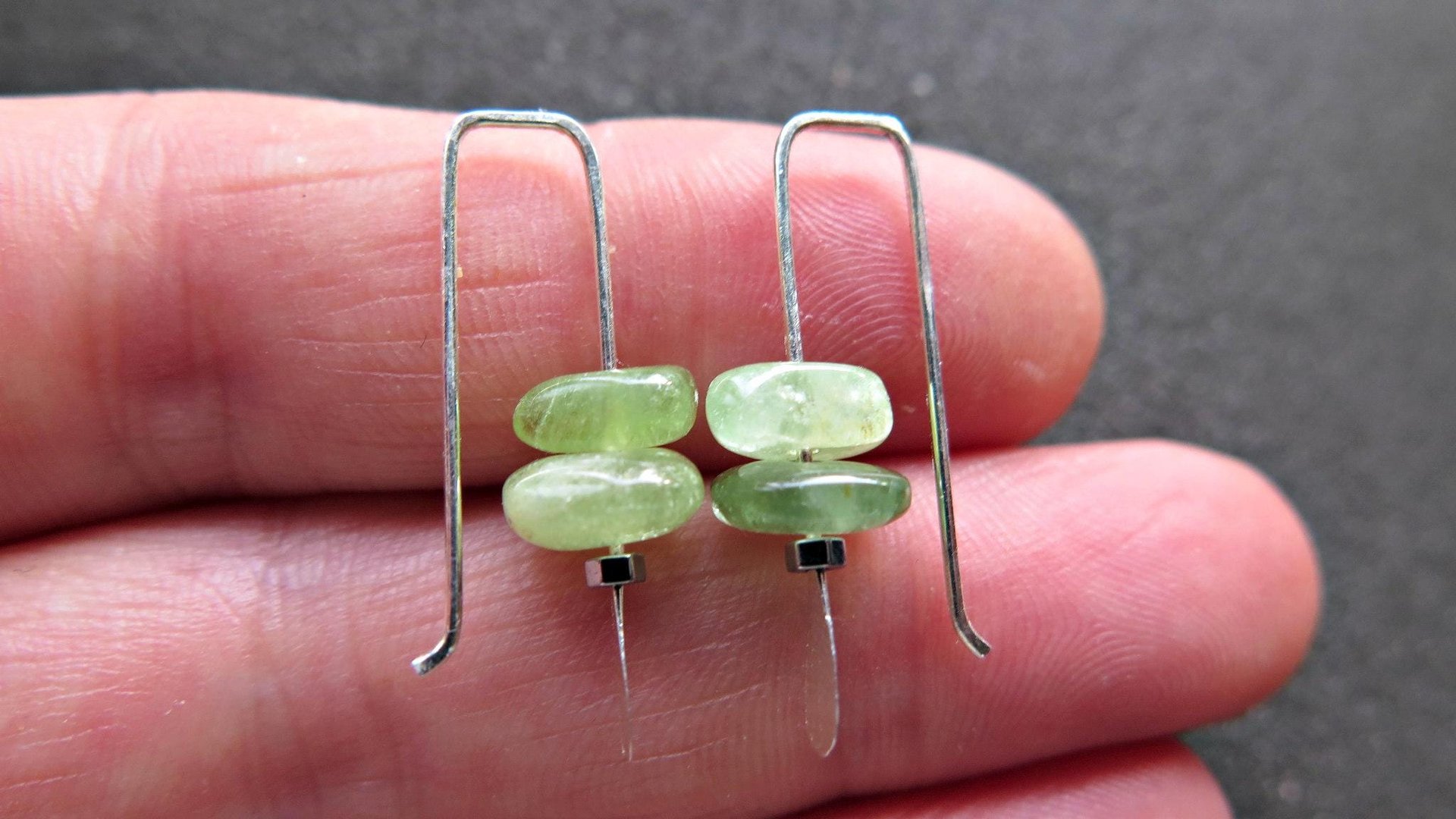 small peridot earrings. silver and green gemstone earrings. August birthstone. artisan jewelry. peridot nuggets.