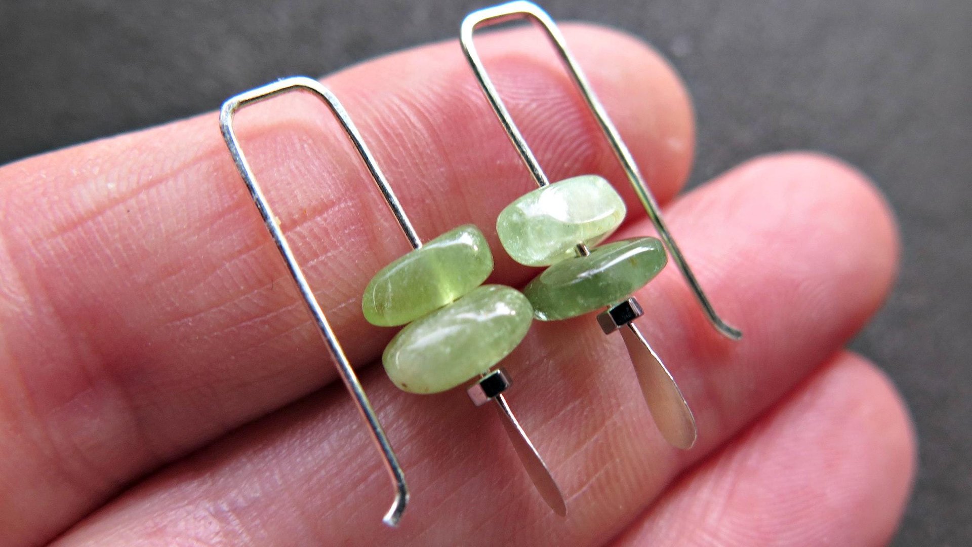 small peridot earrings. silver and green gemstone earrings. August birthstone. artisan jewelry. peridot nuggets.