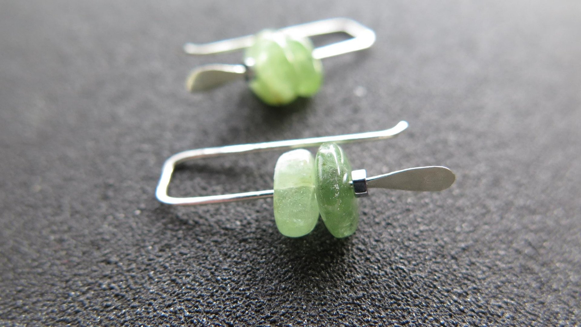 small peridot earrings. silver and green gemstone earrings. August birthstone. artisan jewelry. peridot nuggets.