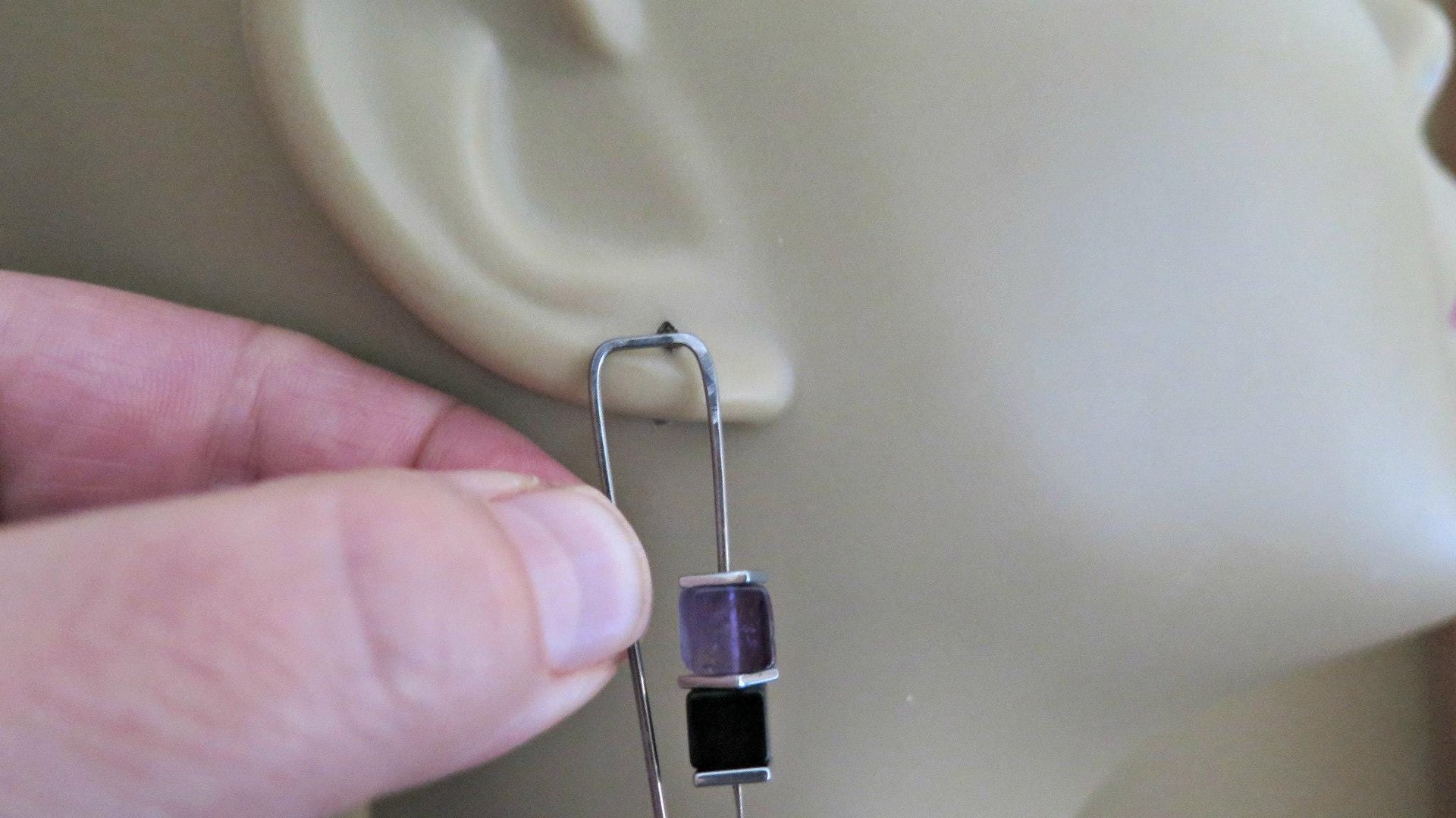 amethyst and black onyx earrings with hematite. hypoallergenic niobium for sensitive ears. modern cube jewelry.