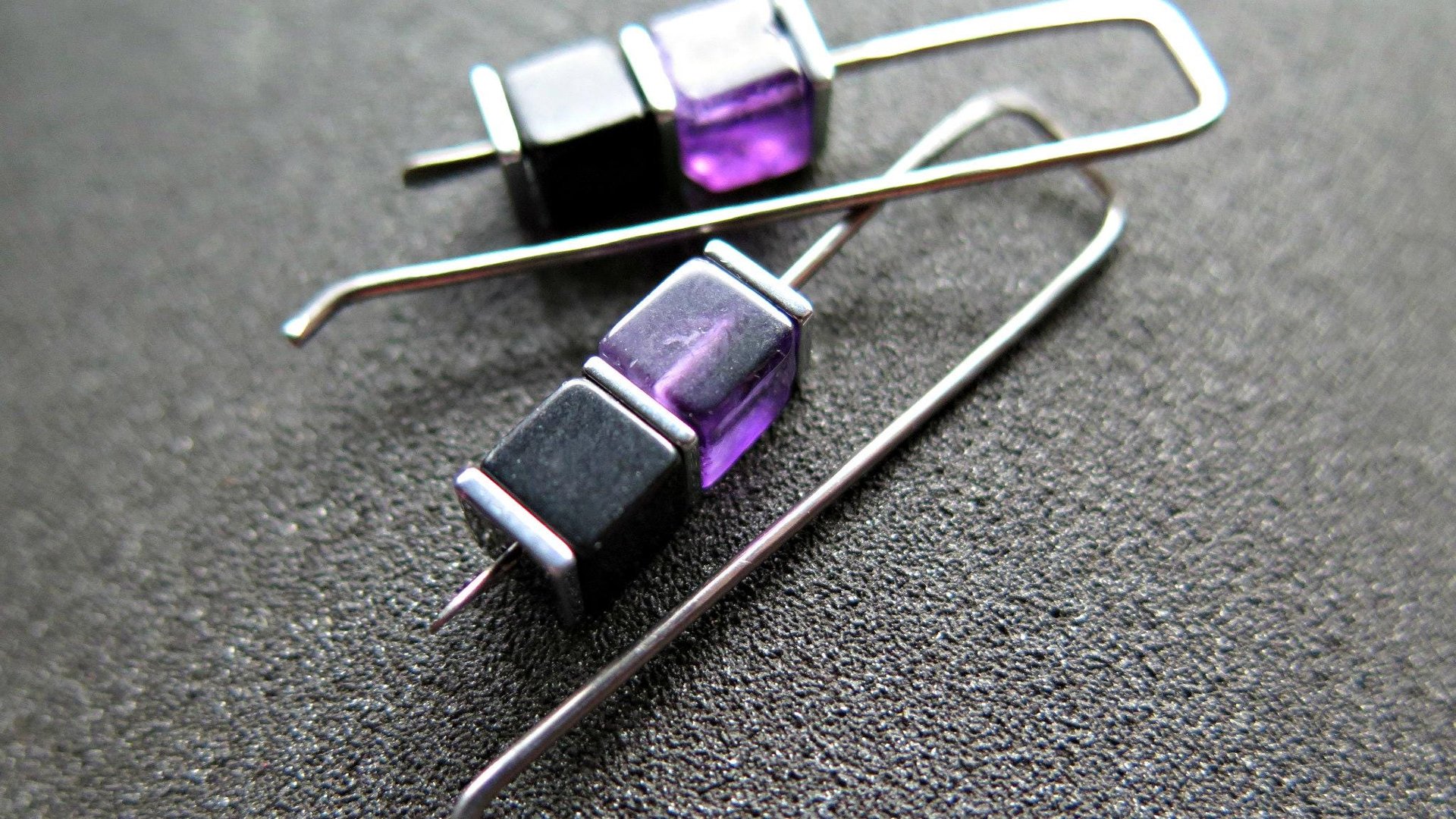 amethyst and black onyx earrings with hematite. hypoallergenic niobium for sensitive ears. modern cube jewelry.
