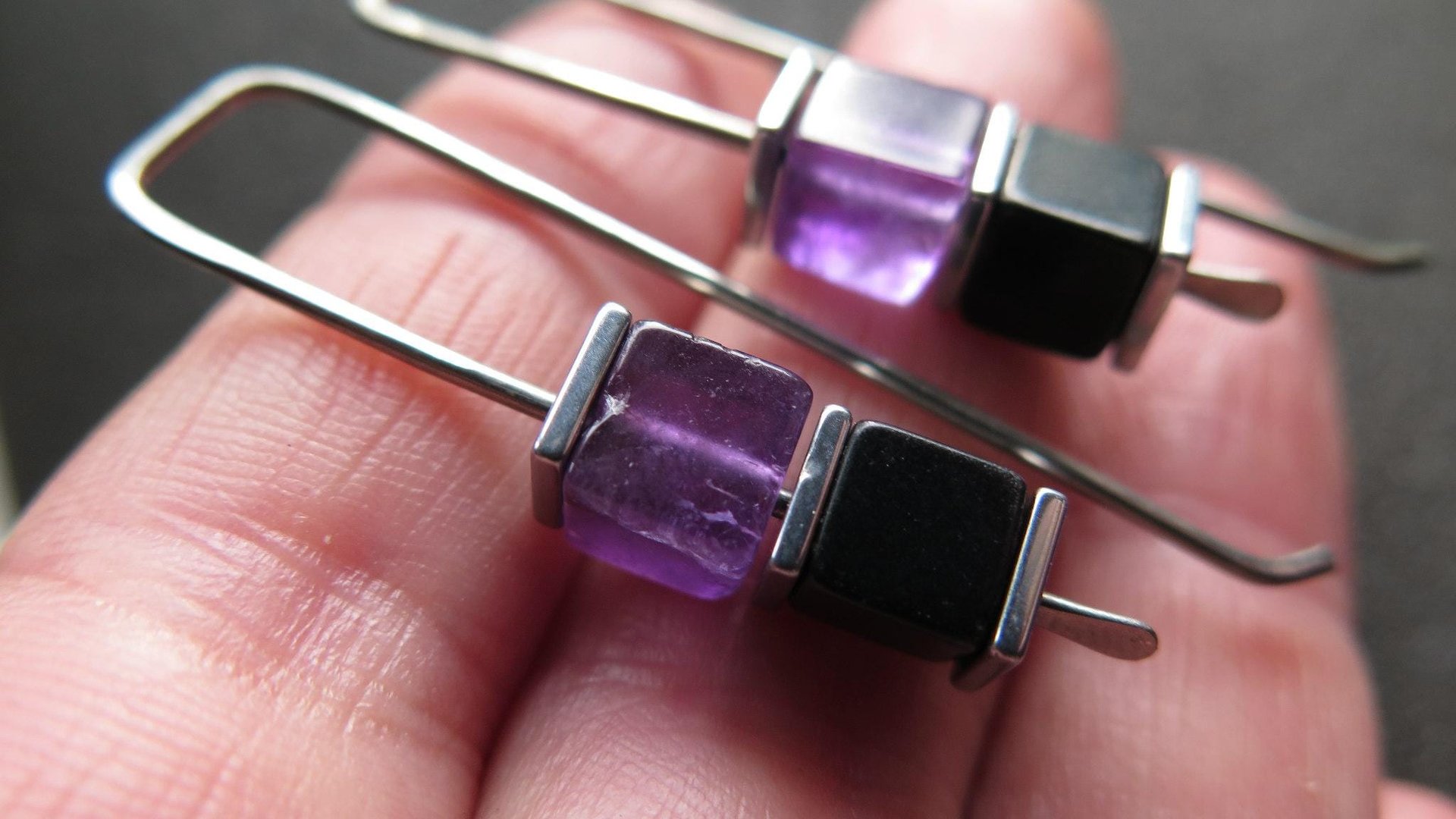 amethyst and black onyx earrings with hematite. hypoallergenic niobium for sensitive ears. modern cube jewelry.