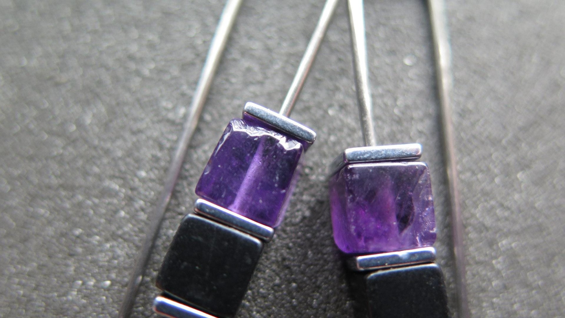 amethyst and black onyx earrings with hematite. hypoallergenic niobium for sensitive ears. modern cube jewelry.