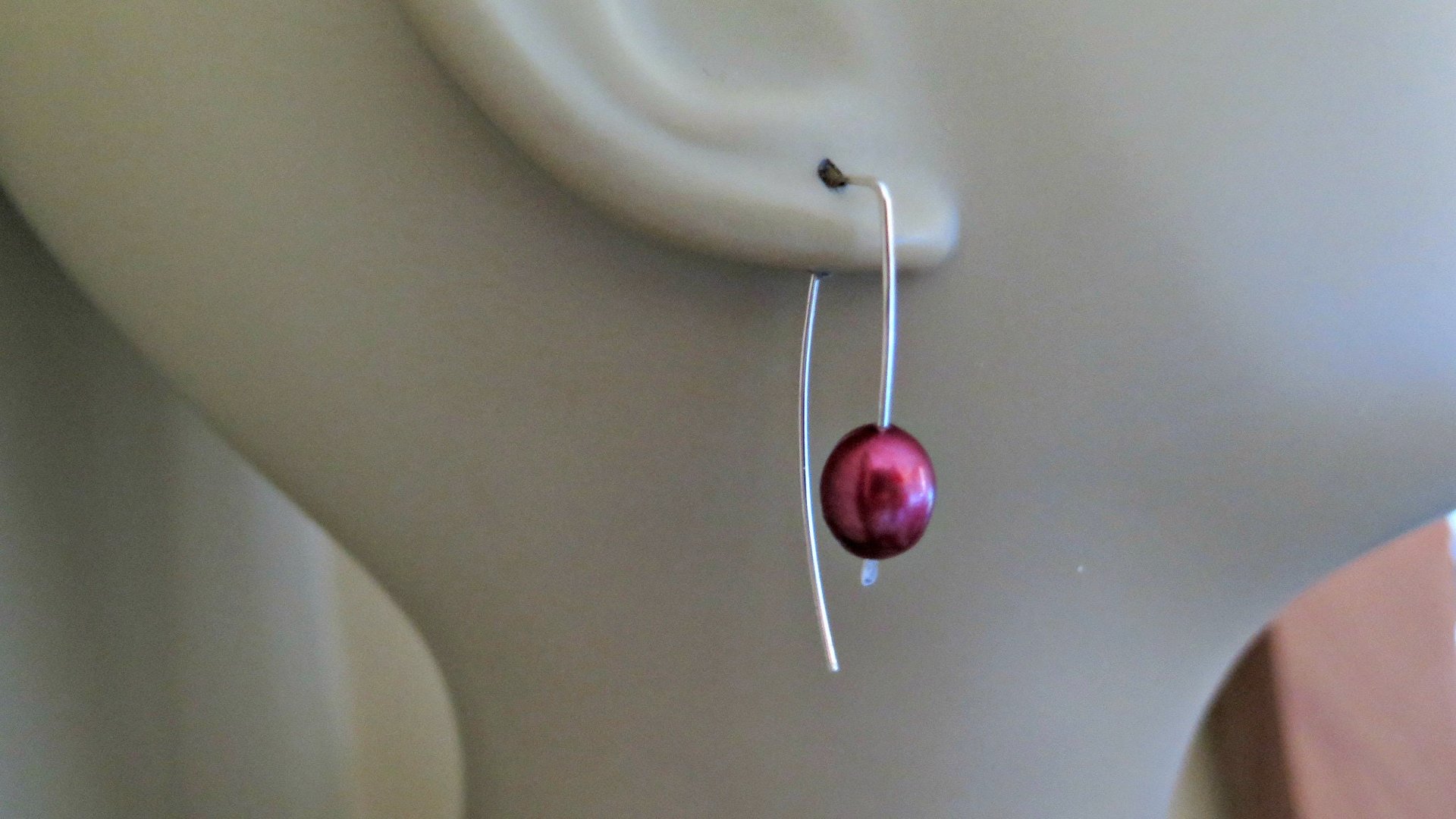 red pearl earrings in sterling silver. modern freshwater pearl jewelry. 1 1/2” drop earrings. made in Calgary, Canada