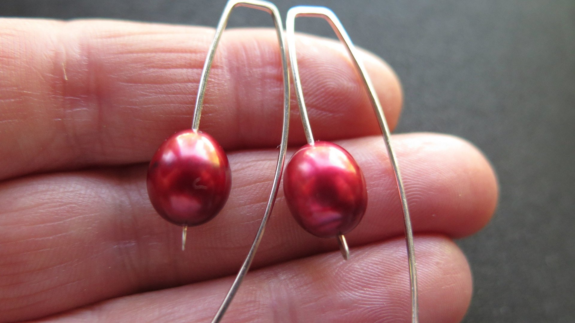 red pearl earrings in sterling silver. modern freshwater pearl jewelry. 1 1/2” drop earrings. made in Calgary, Canada